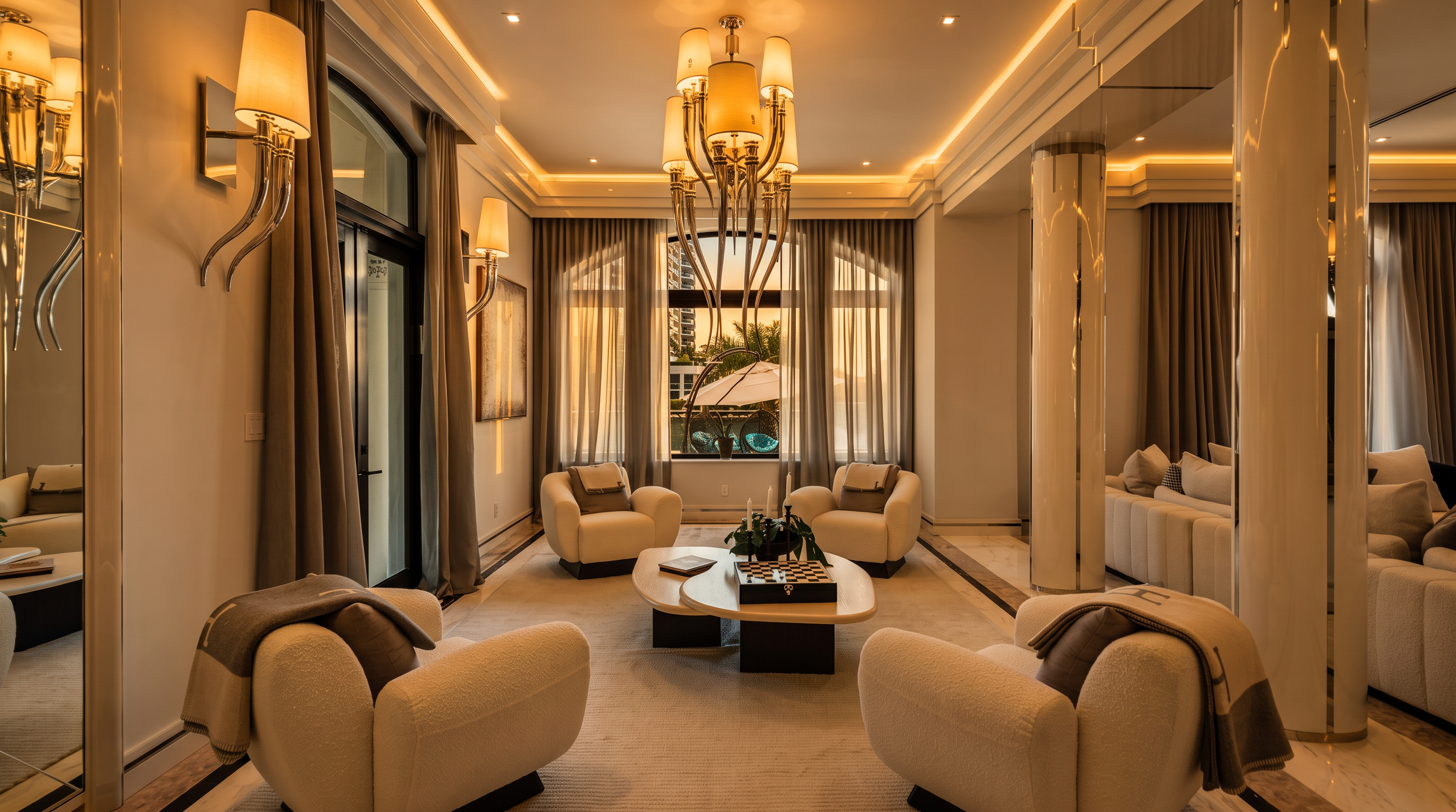 This elegant living room features a symmetrical layout with four plush white armchairs arranged around a central, uniquely shaped coffee table. A grand, multi-tiered crystal chandelier serves as the focal point, hanging above a checkerboard game set. The space is framed by tall windows draped in neutral curtains, reflecting a bright and sophisticated atmosphere with mirrored accents on the walls.