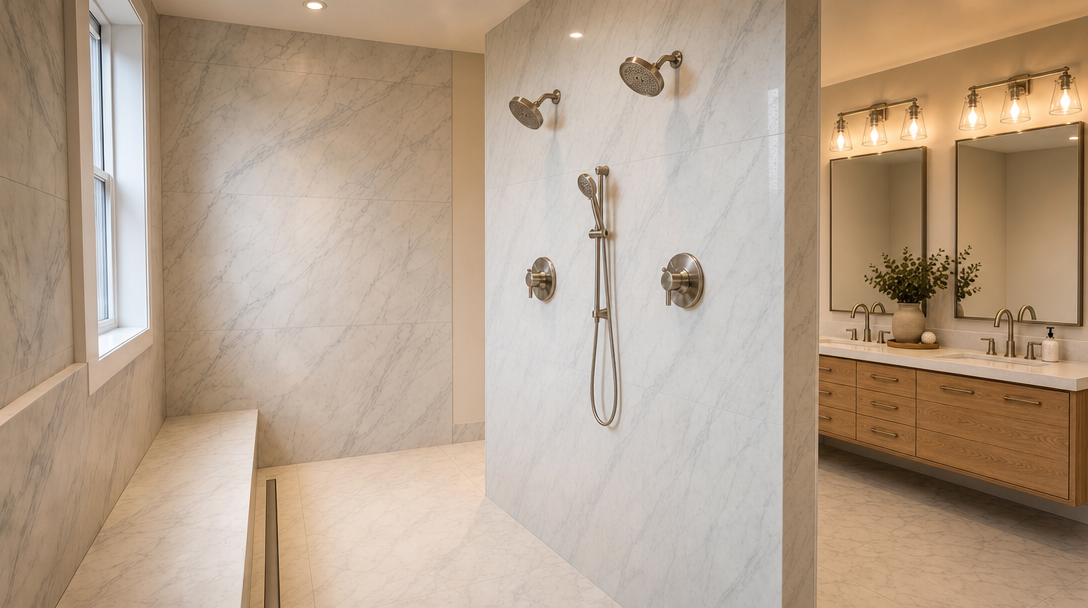 This luxurious primary bathroom features a large walk-in shower area clad in elegant marble tiling, complete with dual showerheads and a handheld attachment. A built-in marble bench provides functionality, while the adjacent vanity area boasts double sinks with stylish brass hardware and vanity lighting. The overall design harmonizes modern aesthetics with high-end finishes, creating a spa-like atmosphere suitable for a upscale residence.