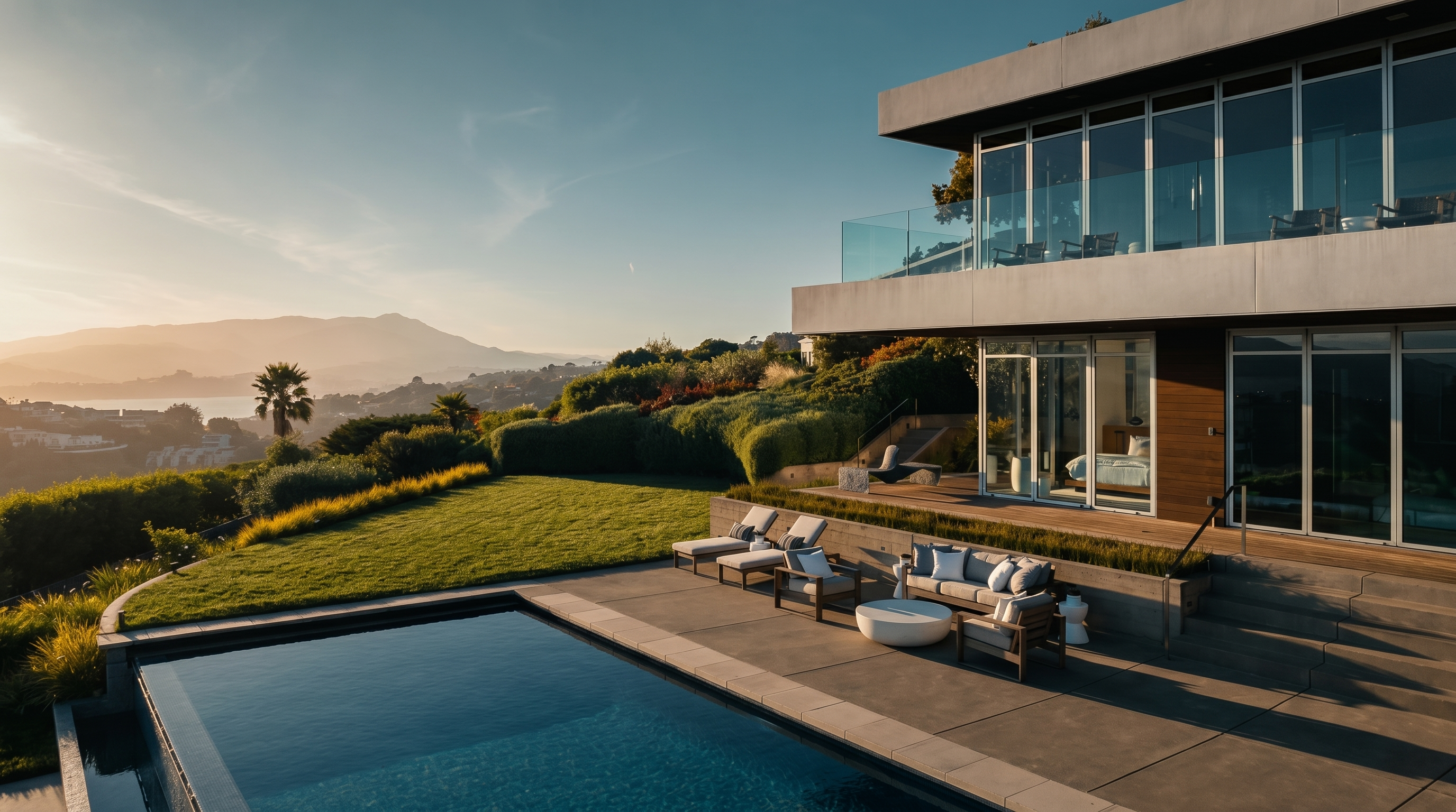 This modern, multi-level residence features a sleek architectural design with expansive glass walls that offer panoramic views of the surrounding hills and distant water. The outdoor living space includes a pristine infinity-edge pool, a spacious concrete patio furnished with comfortable lounge seating, and a manicured lawn. The composition captures a serene, high-end lifestyle setting, emphasizing the seamless transition between indoor and outdoor living areas.