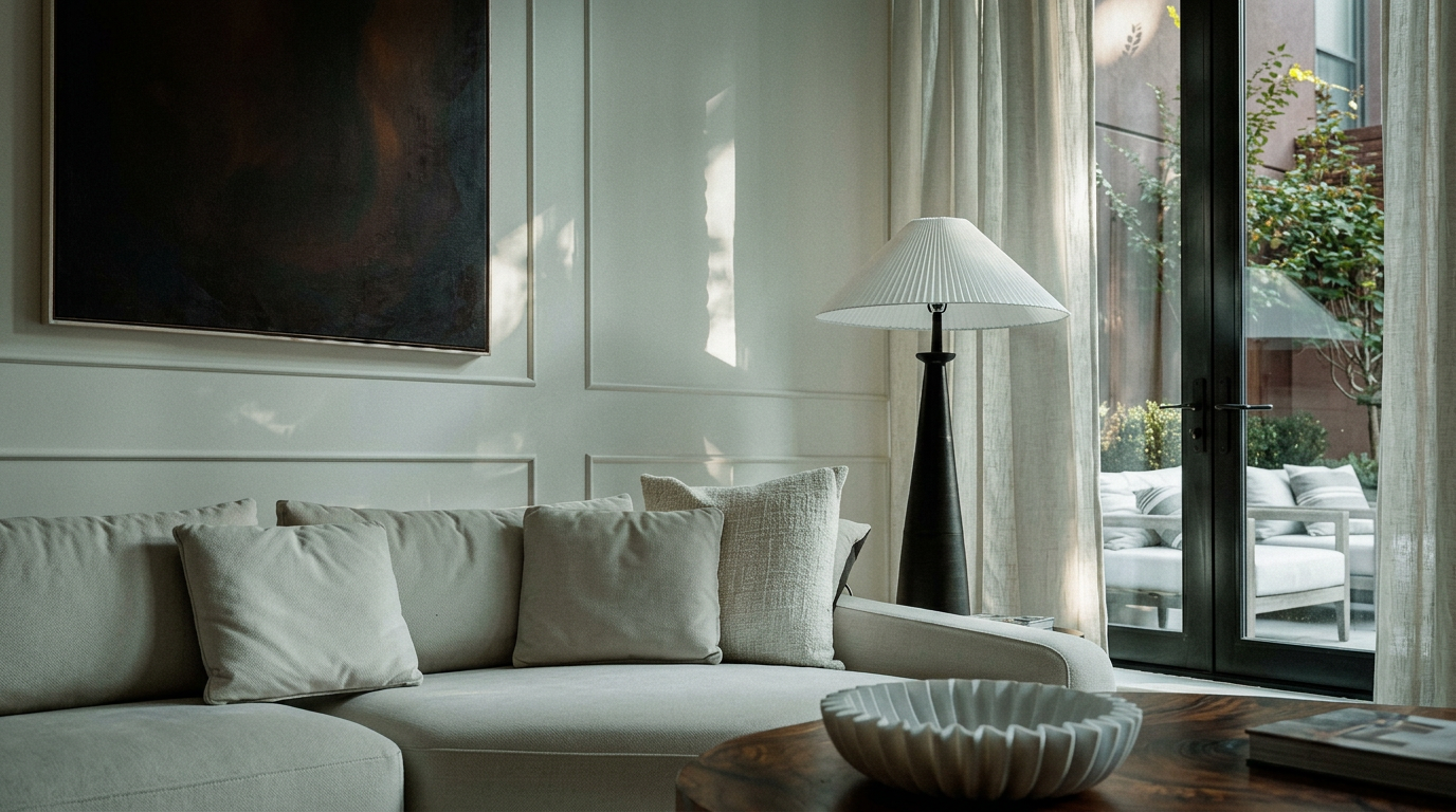 This elegant living room features a plush, curved cream-colored sofa adorned with textured throw pillows, set against a wall with sophisticated molding. A dark, abstract piece of art hangs above the sofa, while a sleek floor lamp with a white shade provides soft lighting near a floor-to-ceiling window draped in light linen curtains. In the foreground, a polished wooden coffee table holds a unique, fluted white decorative bowl, creating a serene and high-end atmosphere.