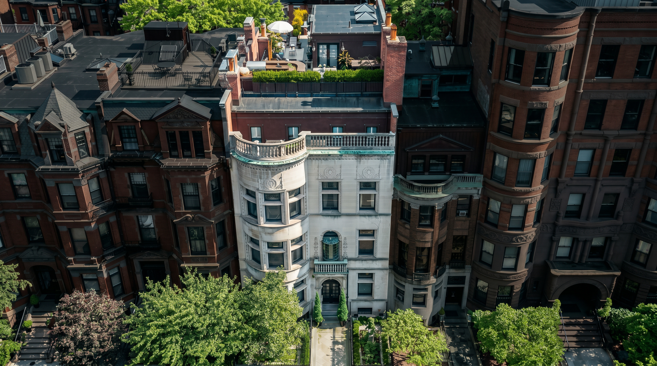 This high-angle aerial view captures a row of historic brownstone townhouses in an urban setting, highlighting the architectural detail of the central light-colored stone residence. The scene showcases a mix of classic masonry facades, rooftop terraces with lush greenery, and mature trees lining the street below. The perspective emphasizes the dense, prestigious character of the neighborhood and the intricate rooflines of these multi-story homes.
