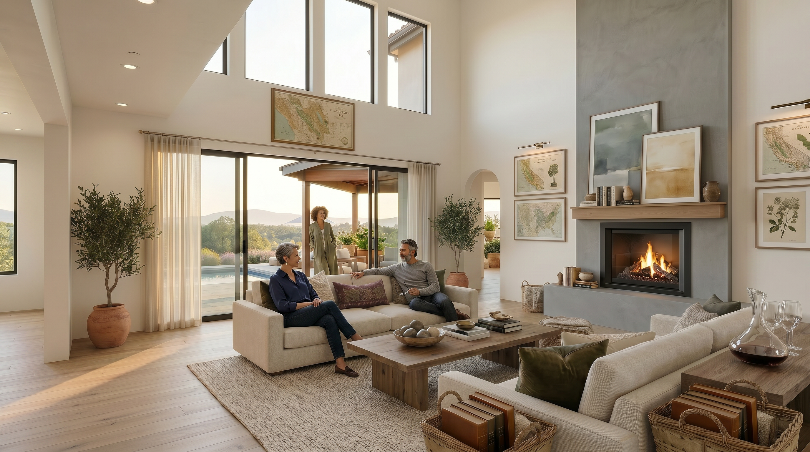 This spacious, high-ceilinged living room features a modern minimalist aesthetic with a prominent floor-to-ceiling concrete fireplace and a sleek wood mantle. Large sliding glass doors open directly to an outdoor patio and pool area, bathing the room in natural light and emphasizing a seamless indoor-outdoor living flow. The space is tastefully furnished with comfortable, neutral-toned sofas and curated decor, creating an inviting and sophisticated atmosphere.