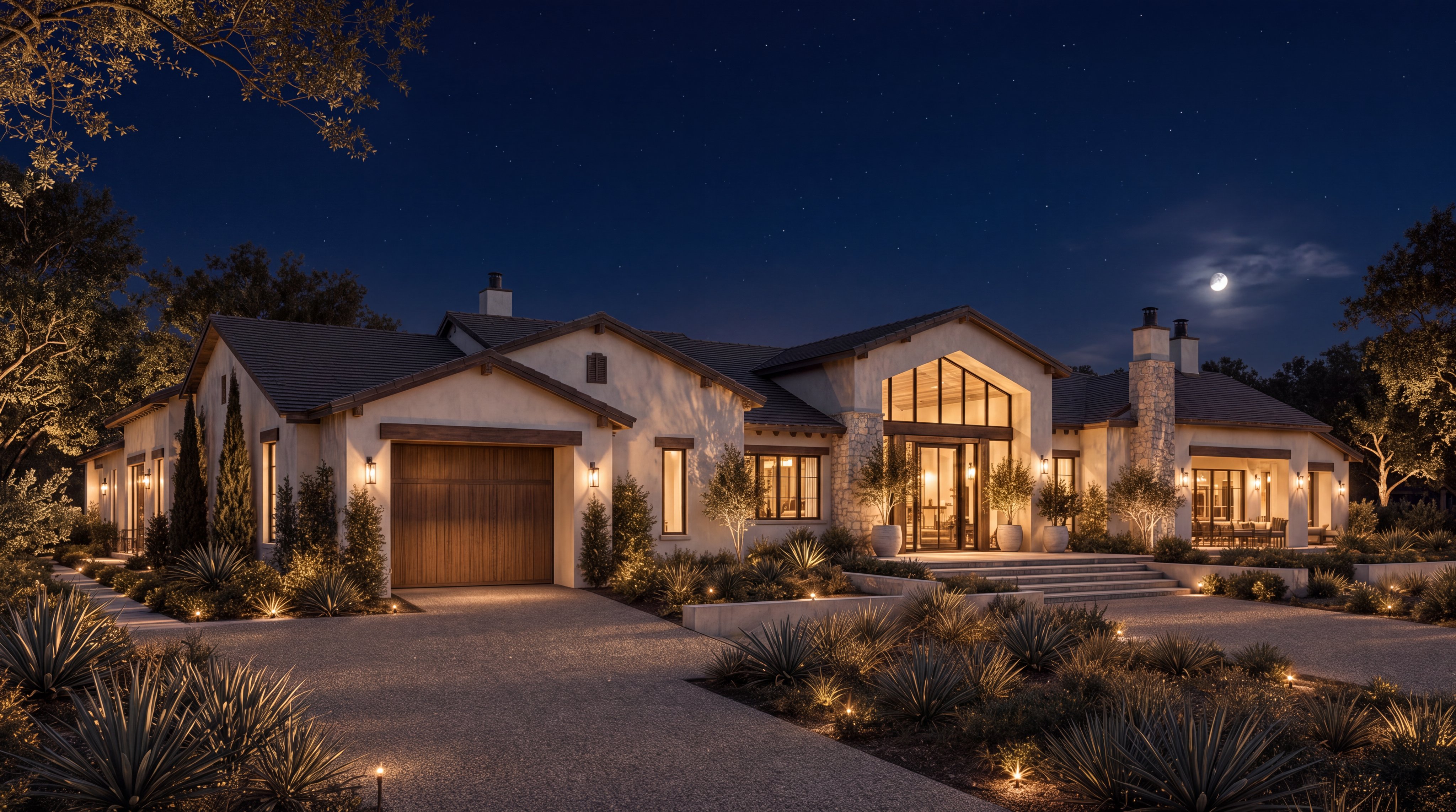 This stunning single-story estate showcases a luxurious Mediterranean-inspired design with a mix of stucco walls, natural stone accents, and warm wood trim. The home features a grand, glass-front entryway, a spacious garage, and a beautifully landscaped courtyard lit by elegant exterior lighting, creating a sophisticated and welcoming curb appeal.