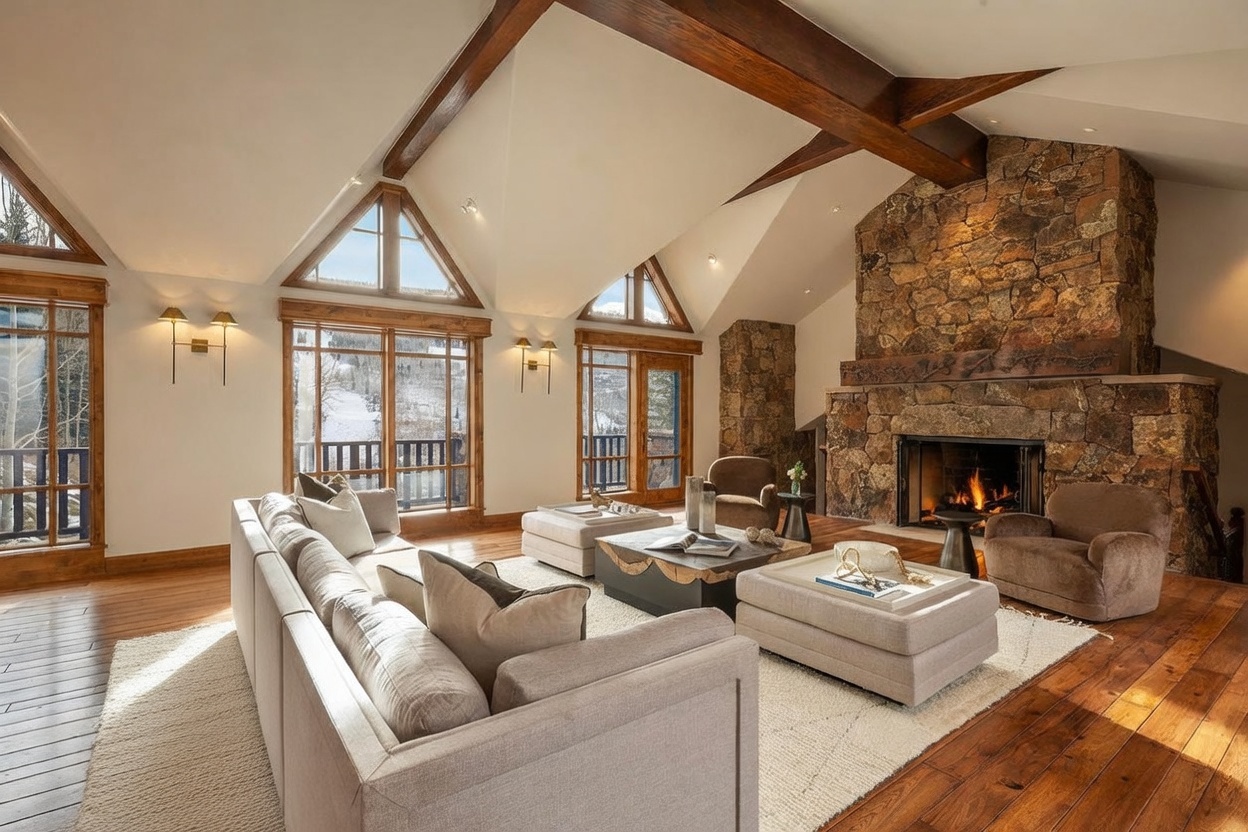 This spacious living room features a vaulted ceiling with exposed wooden beams and a prominent stone-clad chimney breast housing a fireplace. Large windows and glass doors provide ample natural light and views of the snowy exterior, while a neutral-toned sectional sofa and plush armchairs create a comfortable seating area. The room is anchored by a textured area rug over warm-toned wood flooring, offering a cozy and inviting mountain-lodge aesthetic.