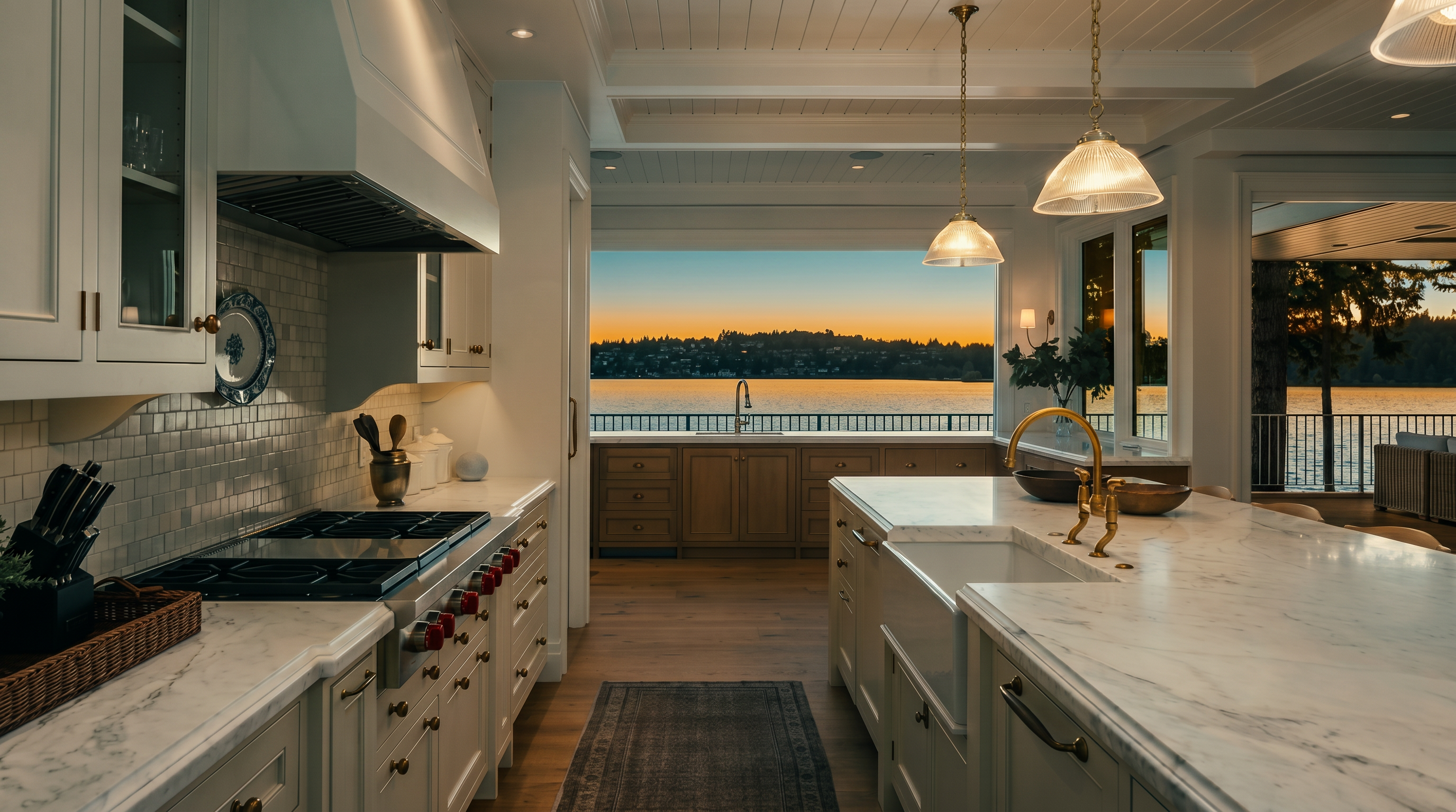 This elegant, high-end kitchen features a spacious layout with a large central island, white cabinetry, and a professional-grade gas range. A wide, unobstructed view of the lake and sunset is framed by large windows above the rear counter, creating a seamless connection to the outdoors. The space is accented by warm wood flooring, pendant lighting, and a neutral color palette that emphasizes a bright, airy, and sophisticated atmosphere.