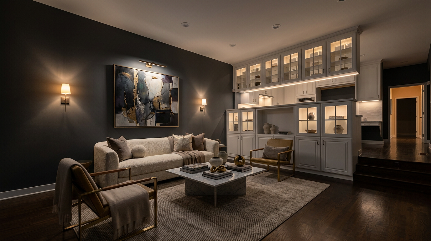 This sophisticated, contemporary living room features a dark accent wall contrasted by an off-white curved sofa and minimalist cabinetry. The space is anchoraged by a marble coffee table and leather-accented armchairs, with warm recessed lighting and sconces creating an inviting, luxury atmosphere. The design seamlessly blends comfort with high-end architectural details, leading into a raised functional storage area and a glimpse into a secondary hallway.