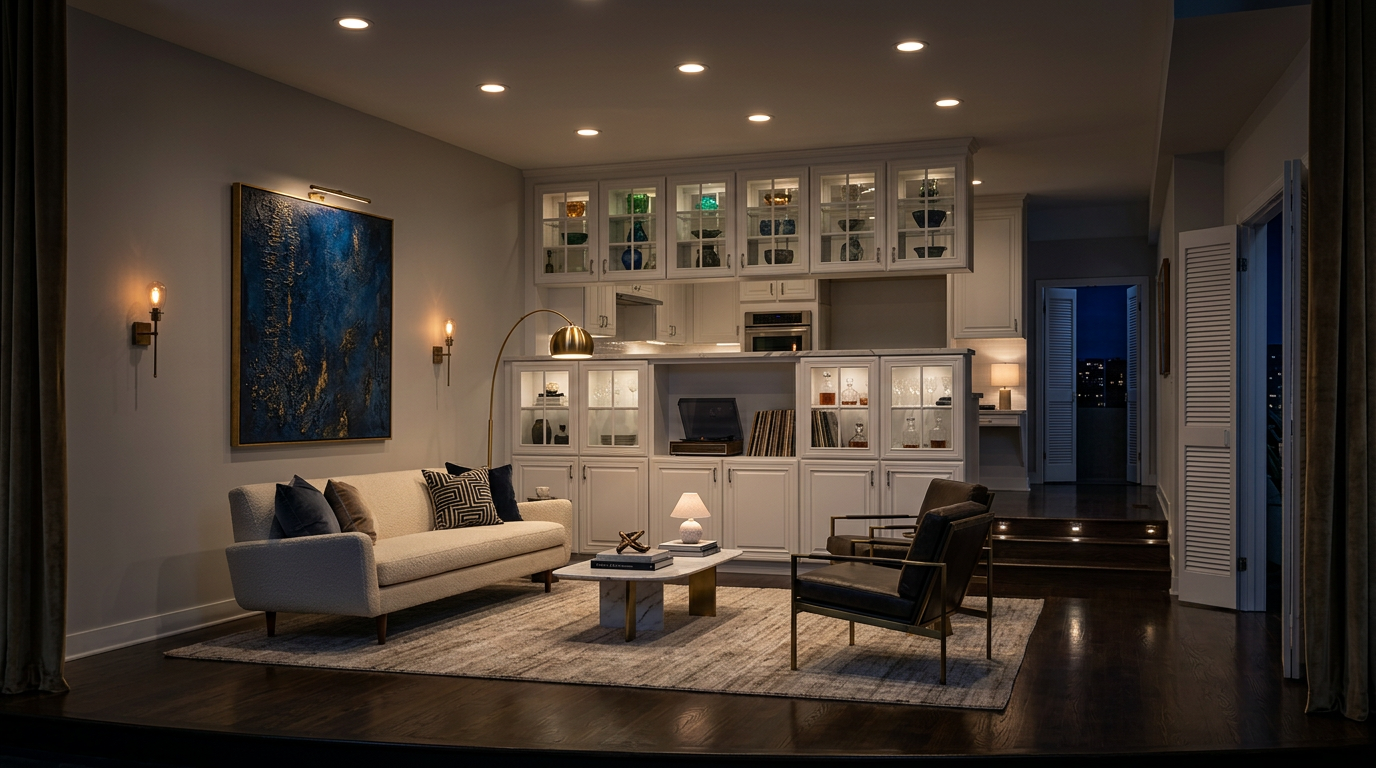This sophisticated, contemporary living room features a textured cream sofa, a marble coffee table, and dark leather accent chairs set on a neutral area rug. The space is anchored by a floor-to-ceiling built-in cabinetry unit that houses a record player and bar display, complemented by upscale lighting fixtures and a striking abstract art piece. Rich dark hardwood floors and integrated spotlights contribute to the room's warm, elegant, and cohesive atmosphere.