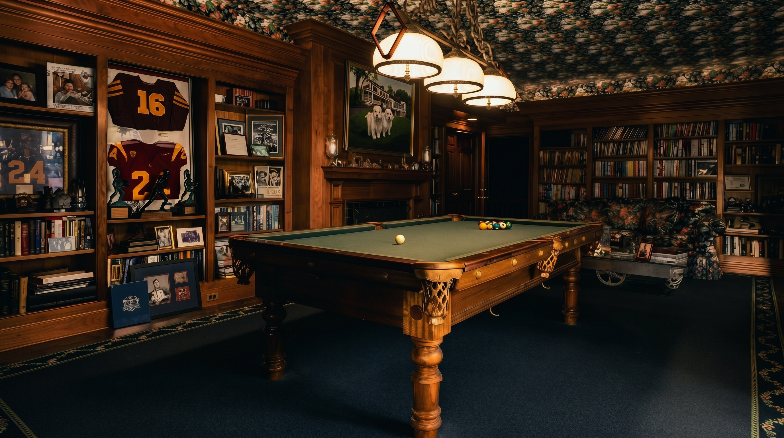 This traditional wood-paneled game room features a central pool table and extensive built-in shelving filled with books and sports memorabilia. The room is accented by a floral-patterned ceiling and a fireplace with a mantel displaying decorative items, all illuminated by a multi-light pendant fixture. The space offers a classic, library-like atmosphere with a dark carpet and a floral-upholstered sofa tucked into the corner.