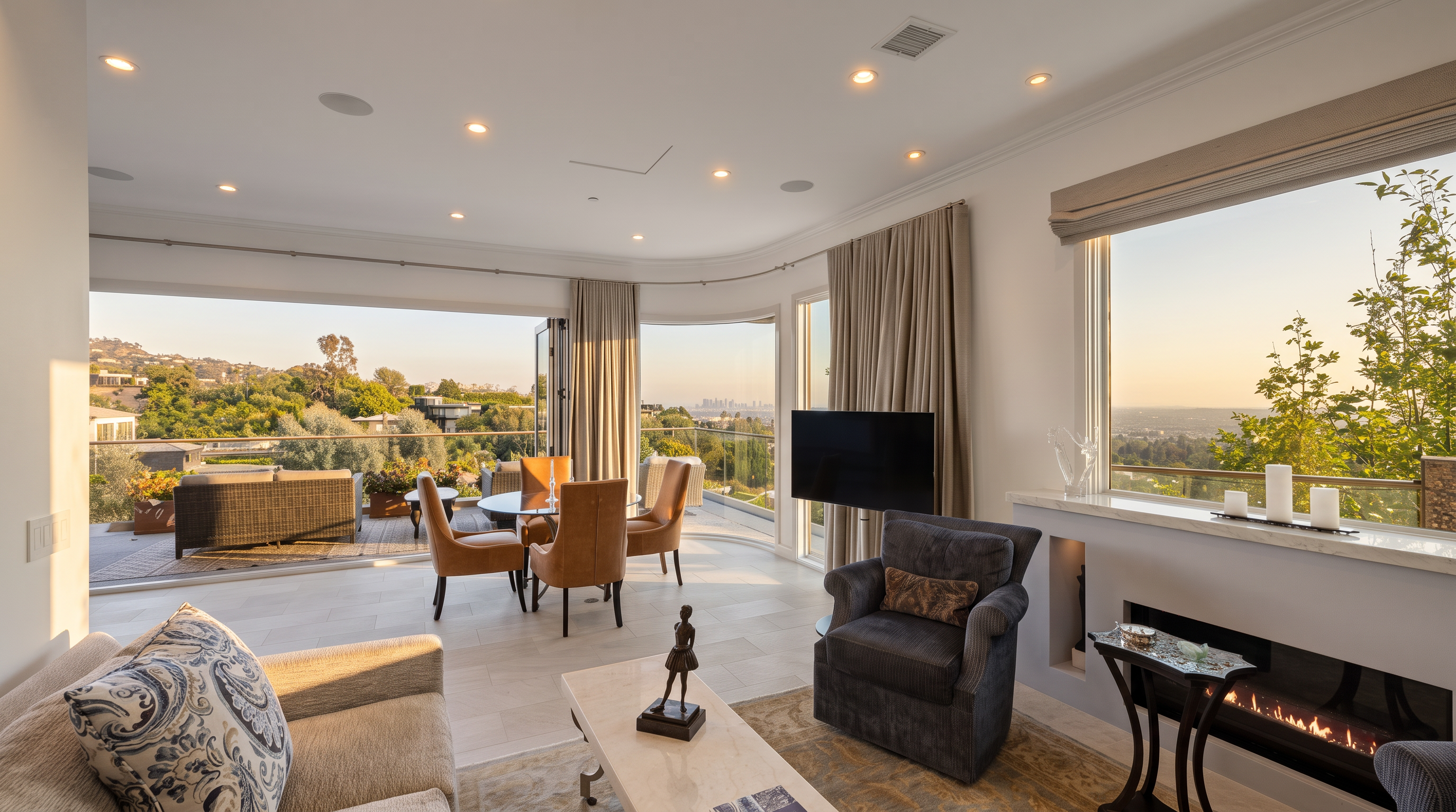 This bright and airy living room features an open-concept layout that seamlessly connects to a spacious outdoor balcony through large glass doors. The space is furnished with a neutral sofa, a dark armchair, and a central coffee table, all arranged on a patterned area rug. A linear fireplace is built into the wall below a window, while a dining area sits near the balcony, creating a cohesive and inviting atmosphere with expansive views of the surrounding landscape.