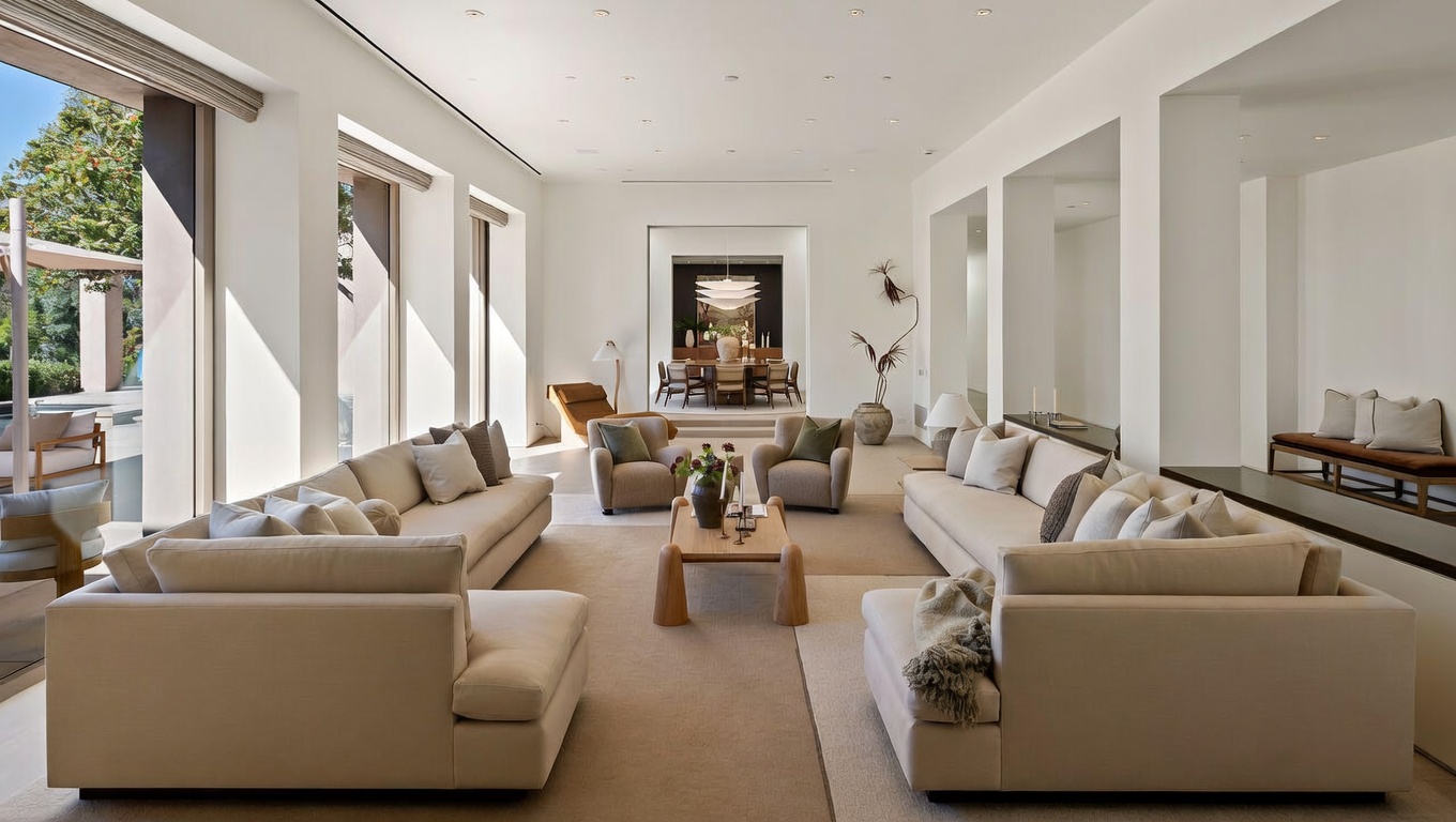This expansive, light-filled living room features a sophisticated neutral color palette with plush, oversized sofas and minimalist decor. The open-concept design seamlessly connects to a formal dining area in the background, while floor-to-ceiling windows provide a bright, airy atmosphere and a view of the outdoor patio. The space exudes a sense of modern luxury and calm, perfect for high-end entertaining.