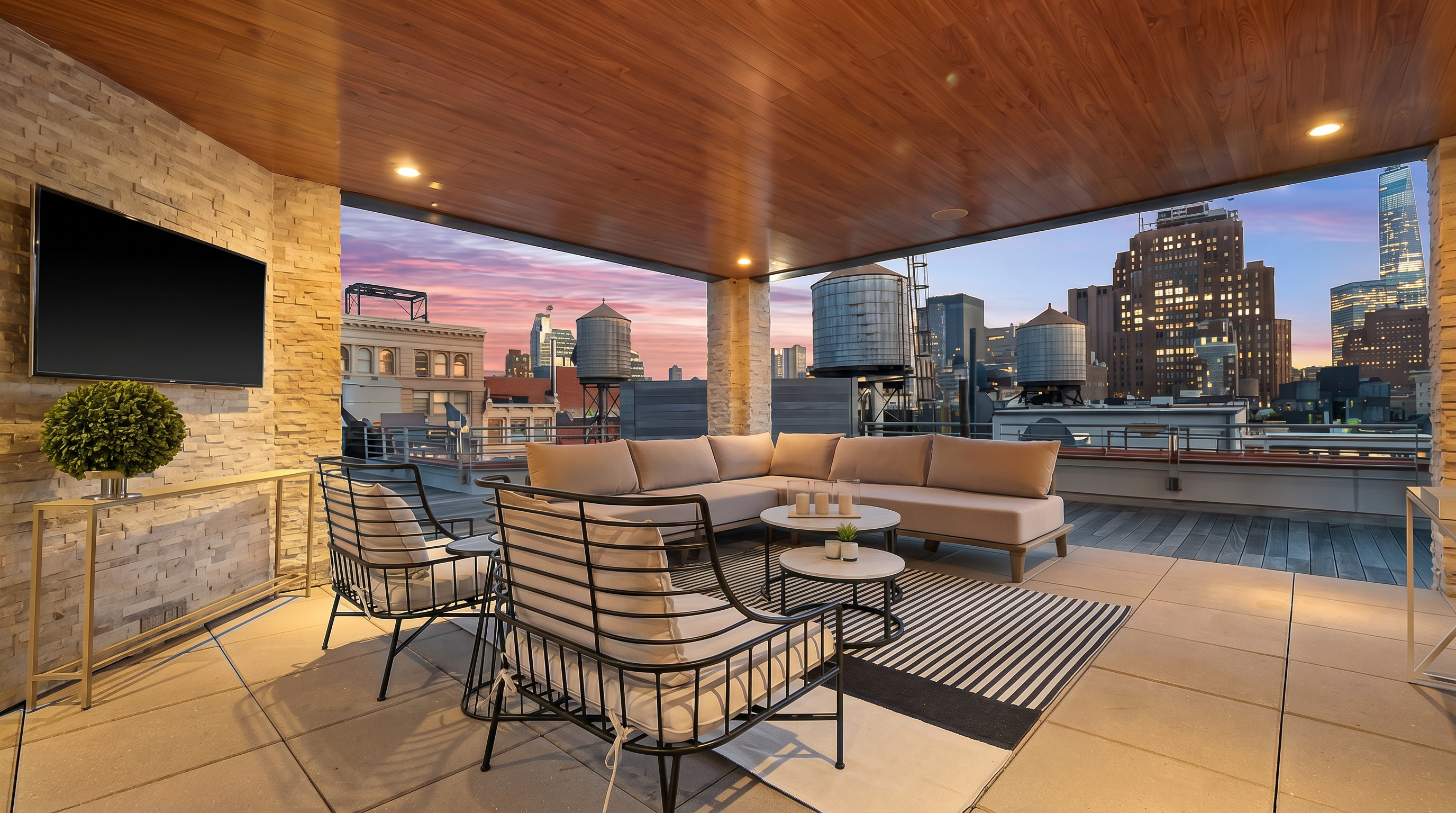 This expansive covered terrace offers a sophisticated outdoor living space with a panoramic city skyline view. The area features a large sectional sofa, modern metal-framed lounge chairs, and a pair of circular coffee tables set atop a striped area rug. A stone-clad wall with a mounted television adds a touch of luxury, while the warm wood-paneled ceiling creates a cozy, sheltered atmosphere perfect for evening entertaining.