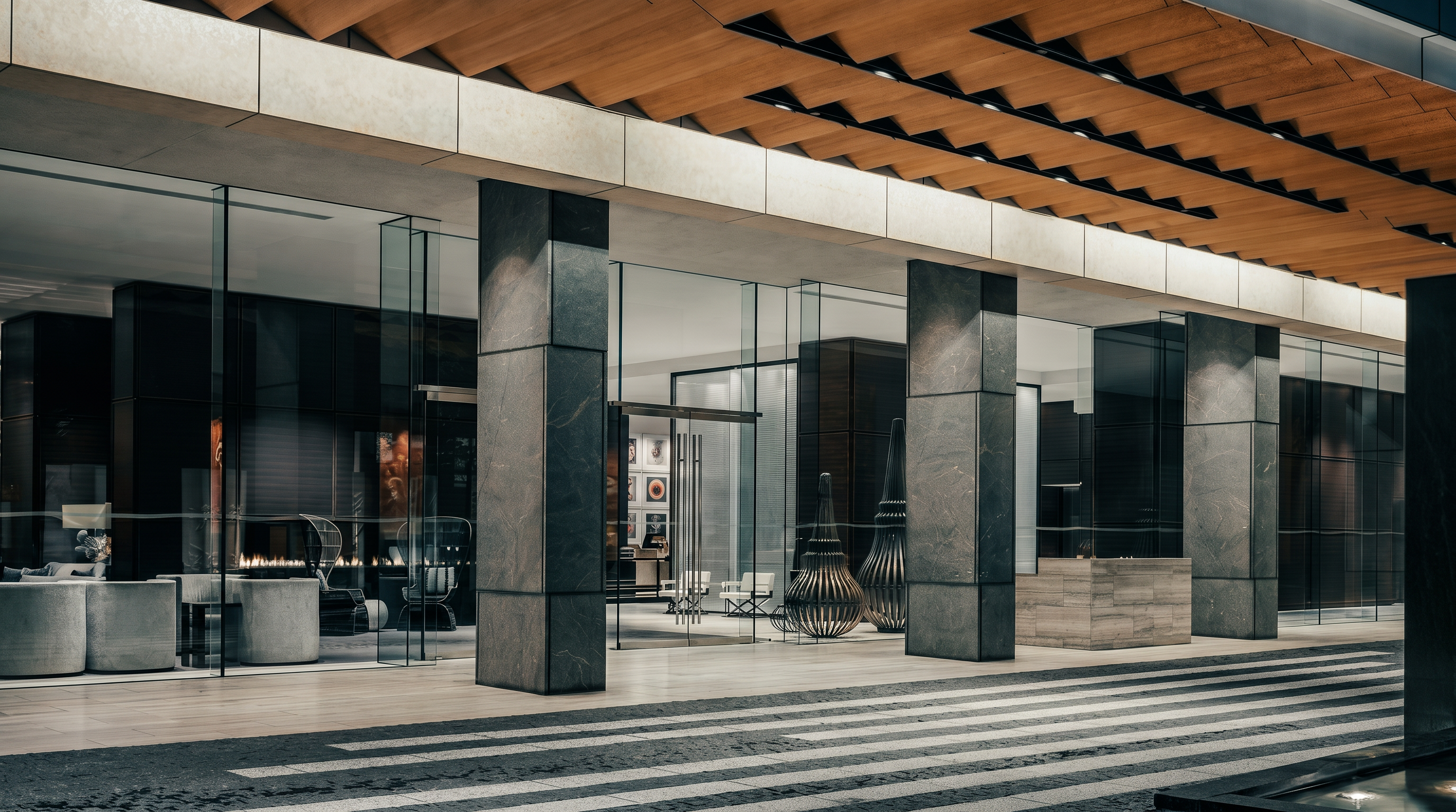 This sophisticated building entrance features a grand covered portico with a slatted wood ceiling and massive stone-clad pillars. The facade is composed of expansive glass panels that provide a clear view into a modern, dimly lit lobby area furnished with contemporary seating and decorative sculptures. The ground is paved with a striking pattern of light and dark stone stripes, creating a dramatic and high-end arrival experience.