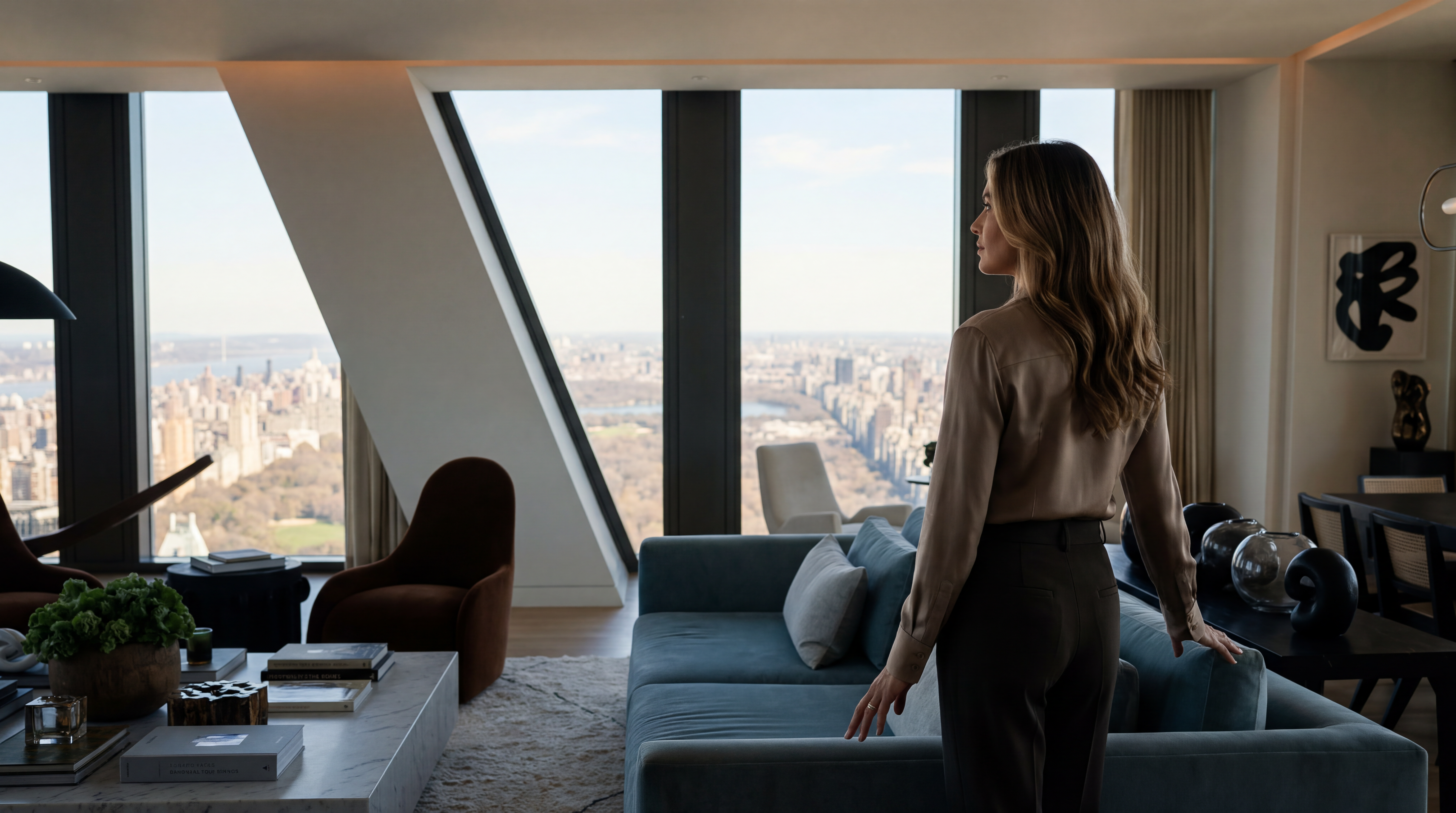 This sophisticated, modern living space features an expansive wall of floor-to-ceiling windows that provide panoramic skyline views of Central Park and the urban landscape. The room is elegantly furnished with a plush, velvet-textured sofa, a contemporary coffee table, and minimalist decor, creating an atmosphere of refined luxury. The combination of high-end finishes and an elevated perspective makes this a premier example of a high-rise luxury apartment interior.