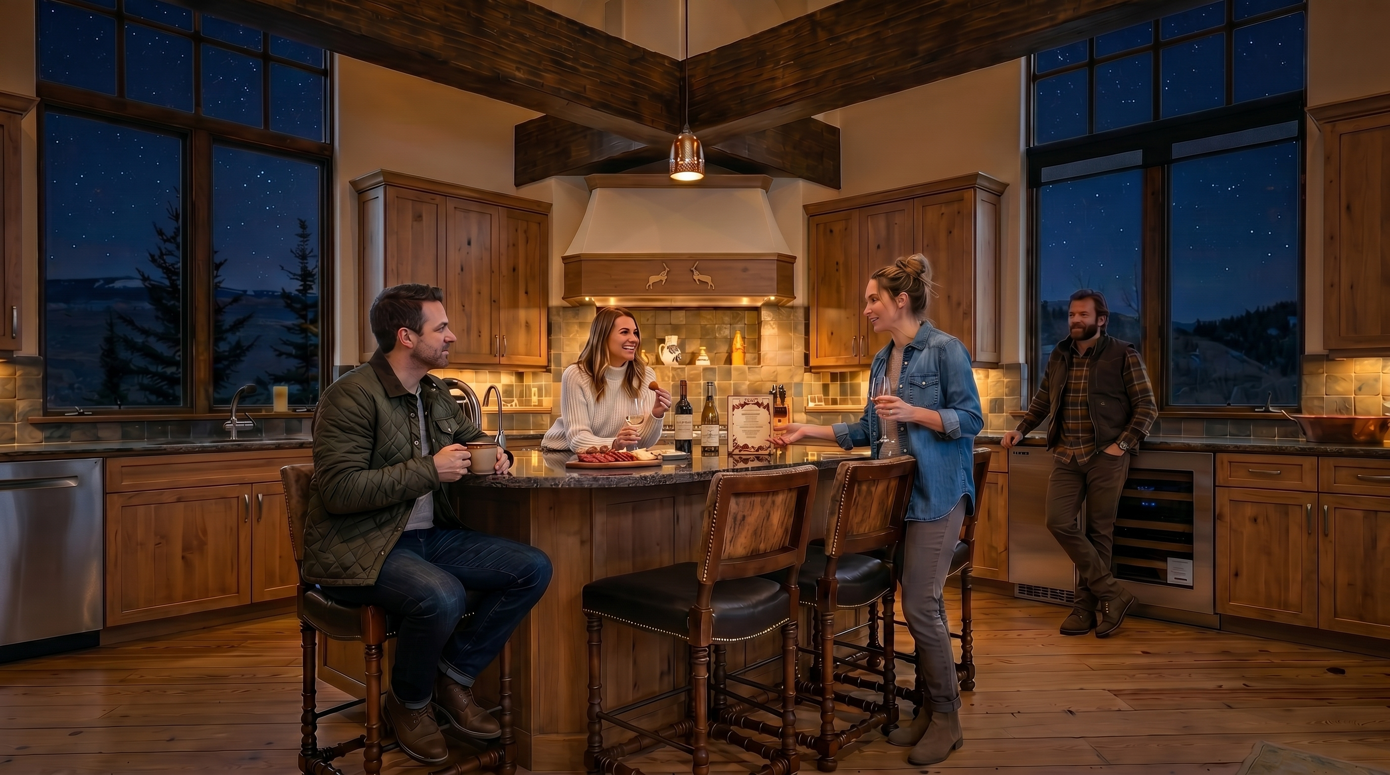 This rustic-style kitchen features a large central island with bar seating, dark stone countertops, and warm wood cabinetry. The space is defined by prominent exposed timber beams on the ceiling and large windows that frame expansive mountain views. The room is finished with a tiled backsplash and high-end stainless steel appliances, creating a cozy yet sophisticated atmosphere.