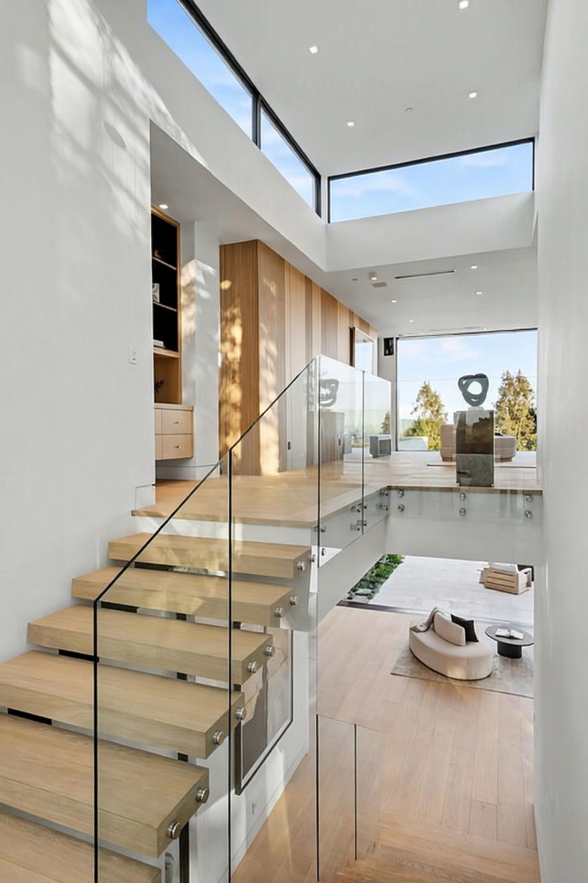 This modern, light-filled staircase features floating light wood treads and a sleek glass railing, creating an open and airy aesthetic. The perspective looks down from a landing toward a lower level, where a minimalist seating area is visible through a large glass wall that opens to an outdoor space. The design emphasizes clean lines, natural light from overhead windows, and a seamless transition between indoor and outdoor living areas.