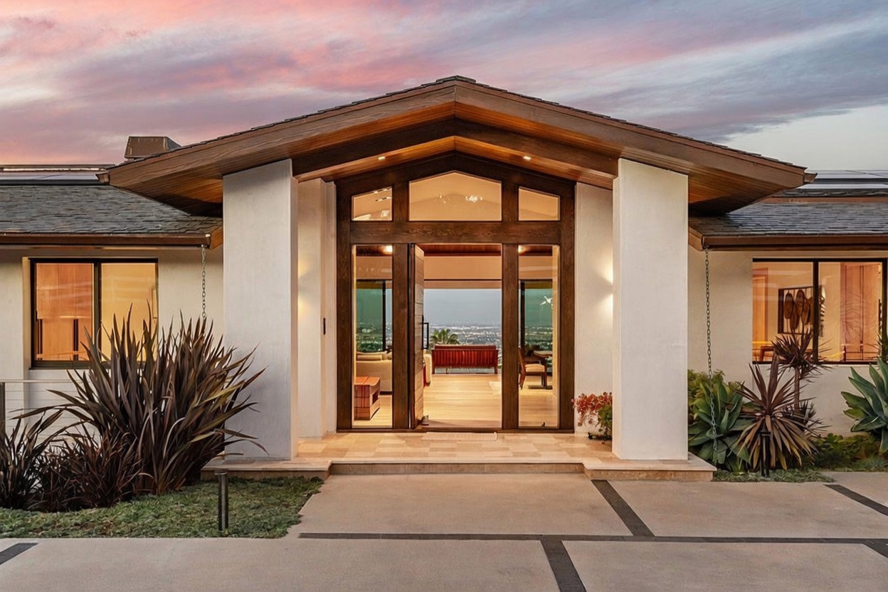 This striking front entryway features a prominent, wide-gabled roofline with warm wood-toned soffits and clean, light-colored stucco walls. A large, multi-pane glass door system opens to reveal a clear sightline through the home to a panoramic city view in the distance. The foreground includes a paved driveway with geometric inlay and manicured landscaping, creating a sophisticated and welcoming architectural statement.