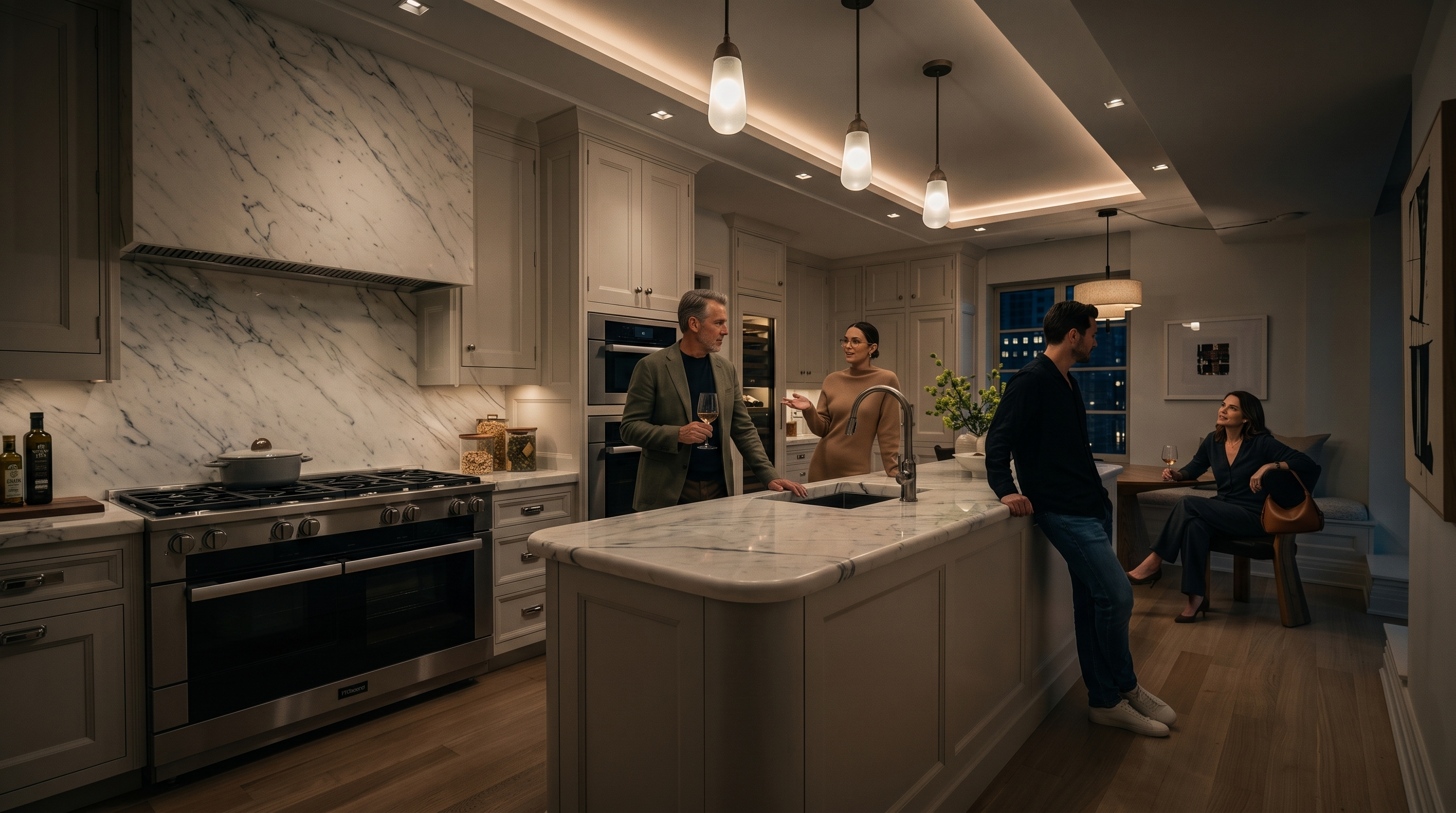 This bright, high-end kitchen features a large central island with a stone countertop and a built-in sink, complemented by custom white cabinetry and professional-grade stainless steel appliances. A striking stone-clad range hood serves as a focal point above the stove, while light wood flooring runs throughout the space. The room transitions into a cozy breakfast nook with built-in bench seating, bathed in natural light from the adjacent window.