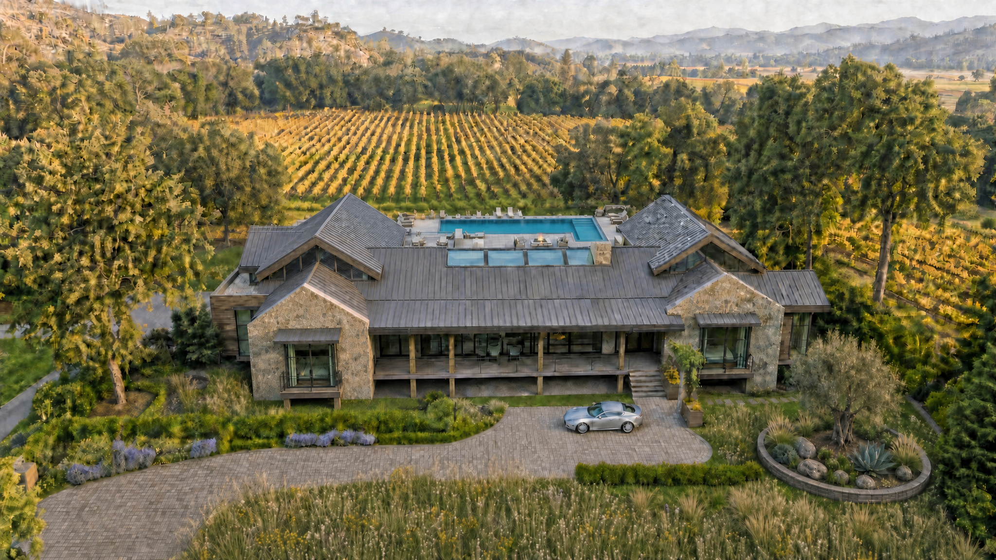 This is a stunning aerial perspective of a luxurious custom estate nestled within a picturesque vineyard landscape. The residence features a sophisticated stone and metal exterior, a sprawling rooftop terrace equipped with a pool and fire pit, and professional landscaping that blends seamlessly into the rolling hills of the surrounding countryside.