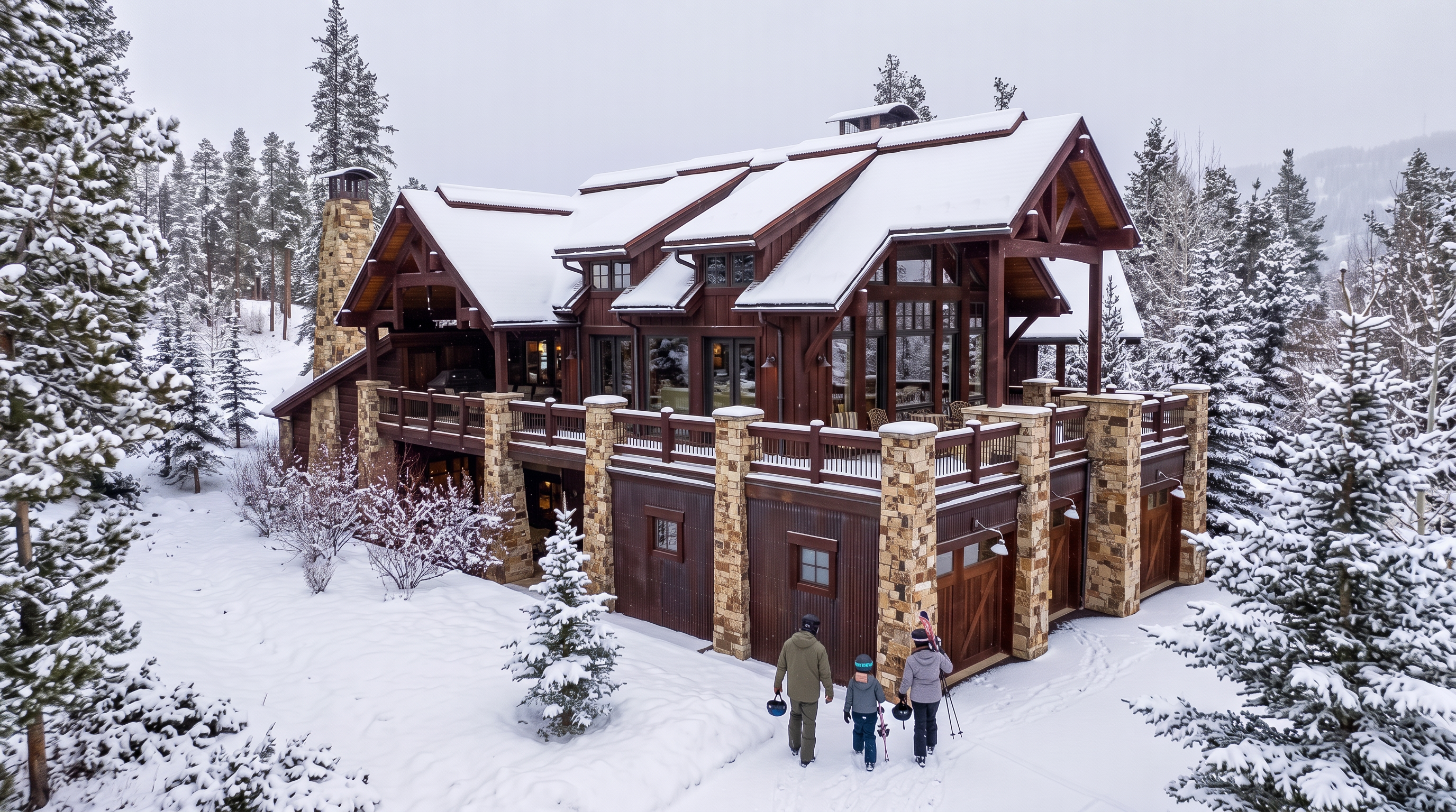 This stunning mountain lodge, captured from an elevated perspective, showcases classic rustic architecture with a blend of natural stone, dark wood siding, and expansive glass windows. A family equipped with ski gear approaches the home, highlighting its suitability as a premier vacation destination for winter sports enthusiasts. The snow-covered landscape and heavy timber detailing create an inviting and luxurious alpine atmosphere.