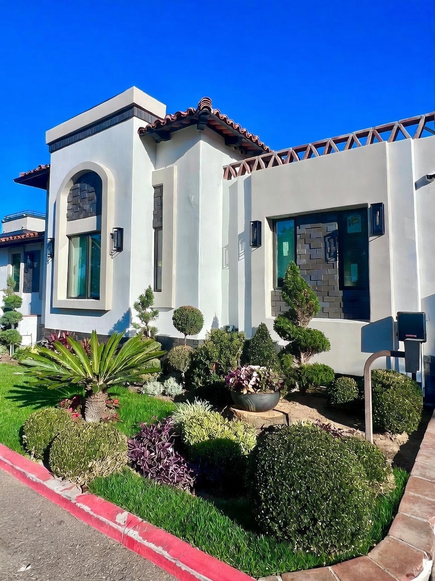This modern Mediterranean-style home features a crisp white stucco facade accented by dark, textured stone detailing around the windows and entry. The landscaping is meticulously manicured, showcasing a variety of shaped shrubs, a vibrant palm, and purple foliage against a bright blue sky. The perspective is a low-angle, eye-level shot that emphasizes the architectural geometry and the clean, contemporary curb appeal of the property.
