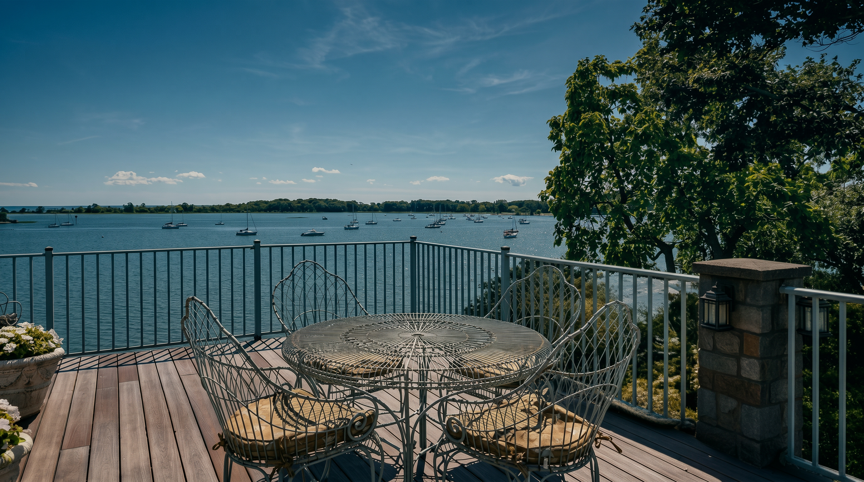 This elevated wooden deck offers a panoramic, unobstructed view of a calm bay filled with numerous sailboats and distant shoreline. The space is furnished with a classic wrought-iron bistro set, featuring a circular table and four matching chairs, all enclosed by a sturdy metal railing. The bright, sunny atmosphere and expansive water vista create a serene and inviting outdoor living area perfect for relaxation.