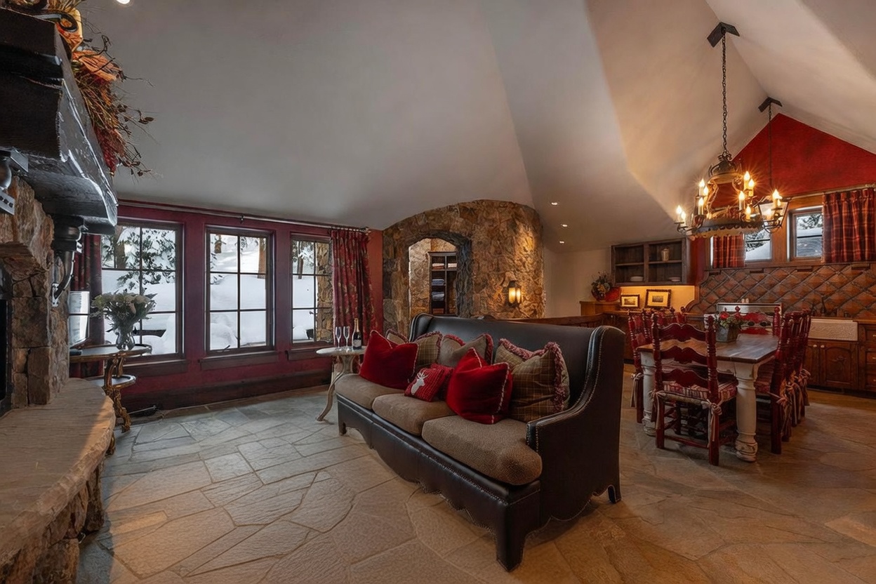 This cozy, rustic living room features a stone-clad chimney breast and a large leather sofa adorned with red accent pillows. The space is anchored by a patterned area rug over stone flooring, with a unique sled-style coffee table adding a touch of mountain charm. Beyond the seating area, a dining space with a wooden table and chairs is illuminated by a decorative chandelier, all set against a backdrop of snowy views through large windows.