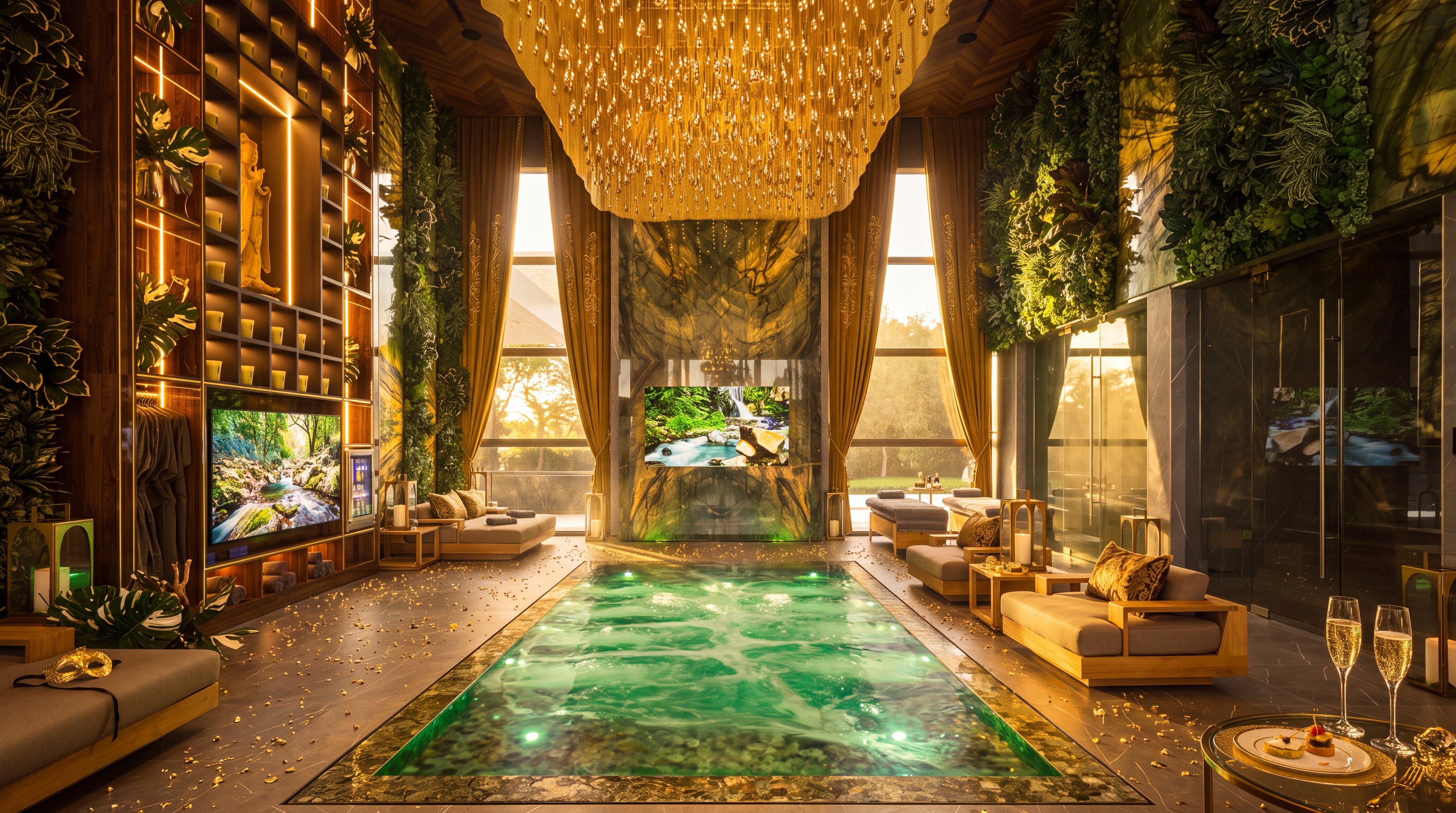 This luxurious indoor spa area features a central rectangular pool with vibrant green lighting, surrounded by stone flooring and comfortable lounge seating. The space is defined by a massive, intricate gold chandelier hanging from the ceiling, flanked by lush vertical gardens on both sides and large windows that provide a view of the outdoors. A television is mounted on a striking, full-height stone-clad wall, creating a serene and high-end atmosphere.
