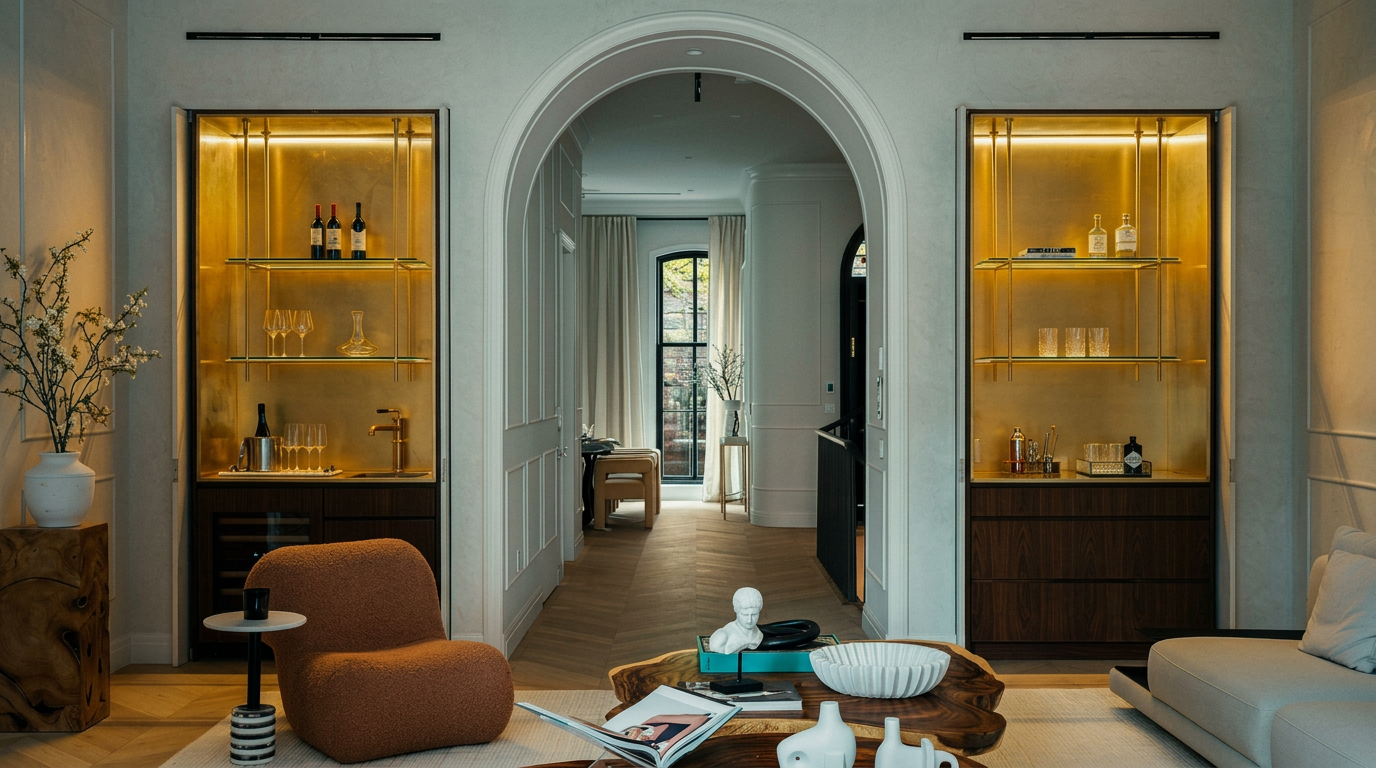 This sophisticated living room features a symmetrical design with dual illuminated gold-leaf bar cabinets flanking a central arched entryway. The space is anchored by a textured, curved armchair and a unique live-edge wood coffee table, creating a warm and luxurious atmosphere. The cinematic perspective looks directly through the archway into a bright, airy hallway, emphasizing the home's elegant flow and high-end finishes.