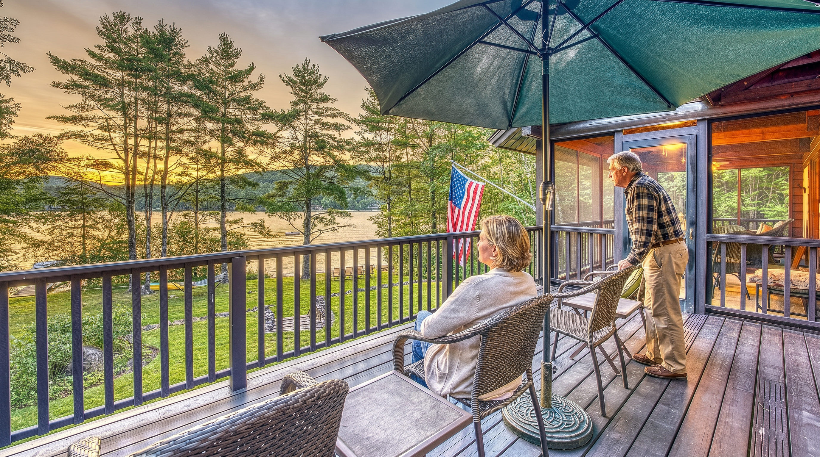 This elevated wooden deck offers a serene outdoor living space overlooking a tranquil lake at sunset. The area is furnished with comfortable wicker-style seating and a large umbrella, adjacent to a screened-in porch that provides a seamless transition between indoor and outdoor relaxation. The scene captures a peaceful atmosphere with a clear view of the water and surrounding forest, highlighted by the warm glow of the setting sun.