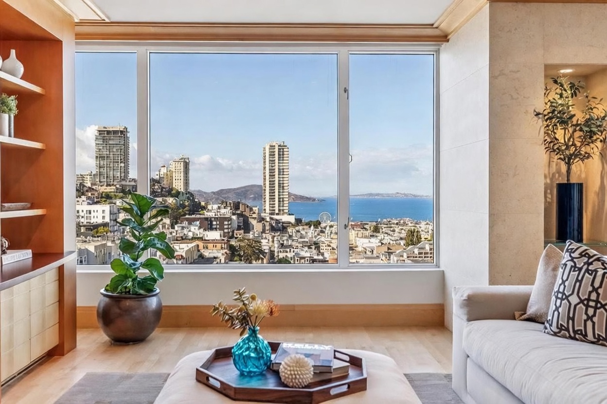 This bright living room features a large window that frames a panoramic view of the city skyline, bay, and distant hills. The space is furnished with a light-colored sofa, a central ottoman topped with a decorative tray, and a potted plant, creating a serene and sophisticated atmosphere. Built-in shelving and a recessed wall niche with a decorative tree add architectural interest to the room's clean, modern aesthetic.