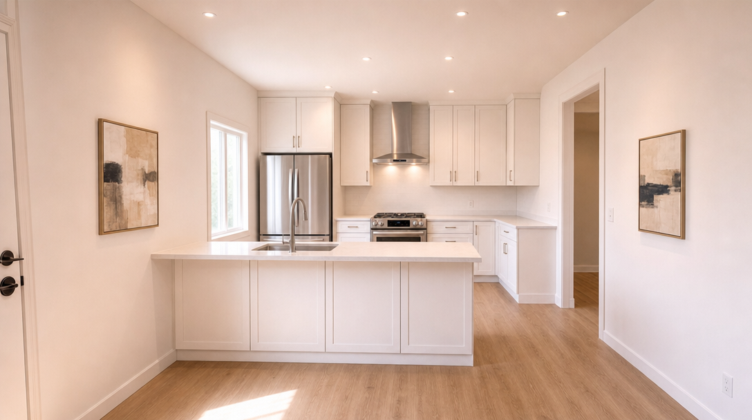 This bright, contemporary kitchen features clean white shaker-style cabinetry, quartz countertops, and high-end stainless steel appliances, including a range hood and a French-door refrigerator. The open-concept design is anchored by a functional central island with a built-in sink and faucet. The space is finished with light wood-tone flooring, recessed lighting, and tasteful wall art, creating an airy and modern atmosphere.