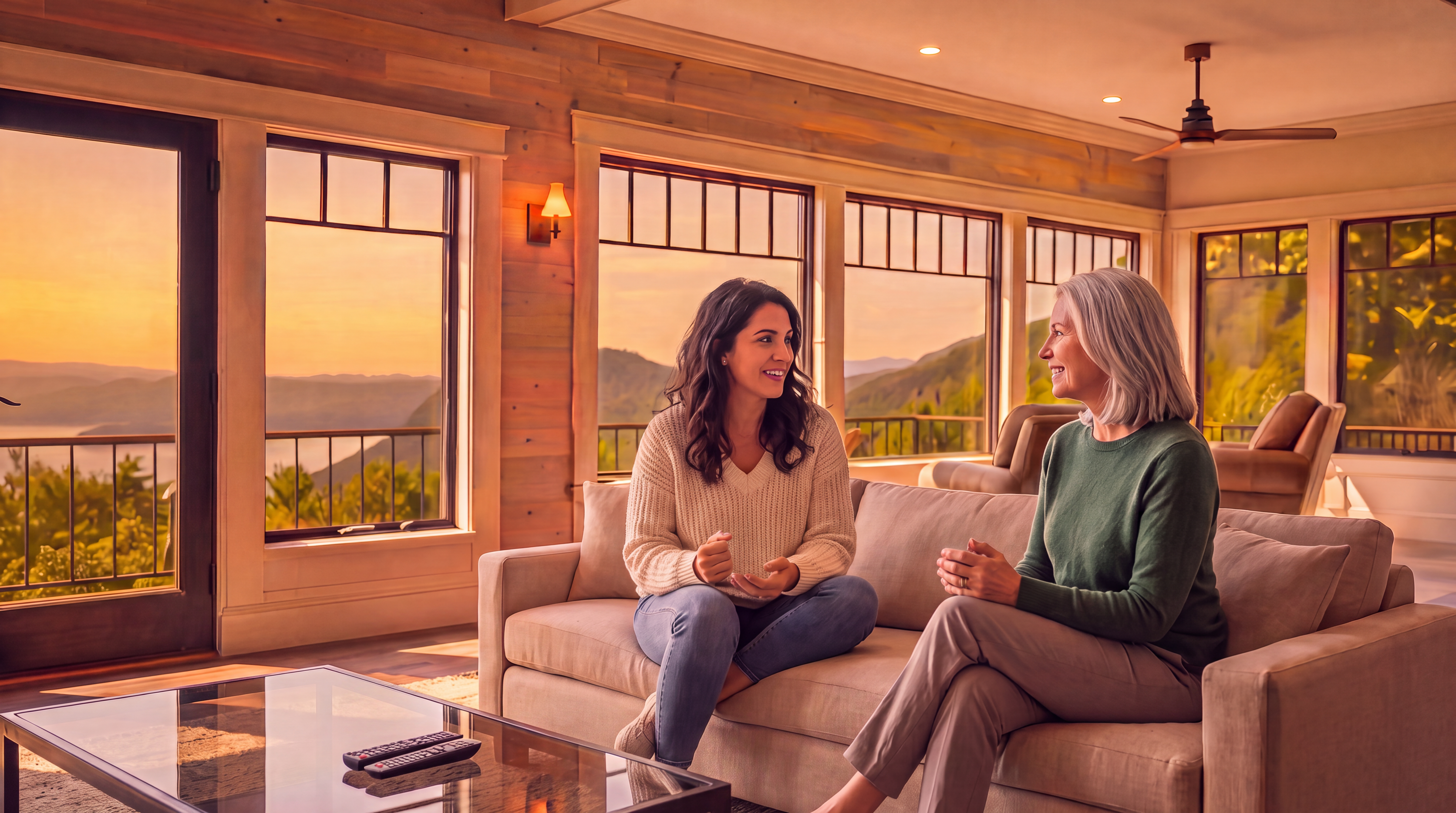 This spacious, open-concept living area features stunning vaulted ceilings with rustic wood plank detailing and expansive windows that offer breathtaking sunset views of a lake and mountain landscape. The room is seamlessly integrated with a modern kitchen, highlighting a cohesive, inviting layout perfect for entertaining and relaxation. High-quality finishes, including warm-toned hardwood flooring and a sophisticated lighting scheme, create a luxurious yet comfortable atmosphere ideal for a premium residential listing.