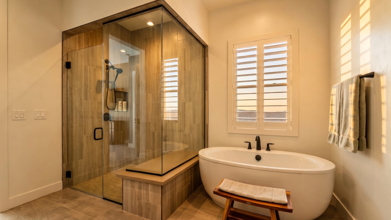 This modern primary bathroom features a large walk-in shower with glass walls and a built-in bench, finished in neutral-toned tile. Adjacent to the shower is a freestanding white soaking tub positioned beneath a window with white plantation shutters. A small wooden stool sits in front of the tub, and a towel rack is mounted on the wall, creating a clean and spa-like atmosphere.