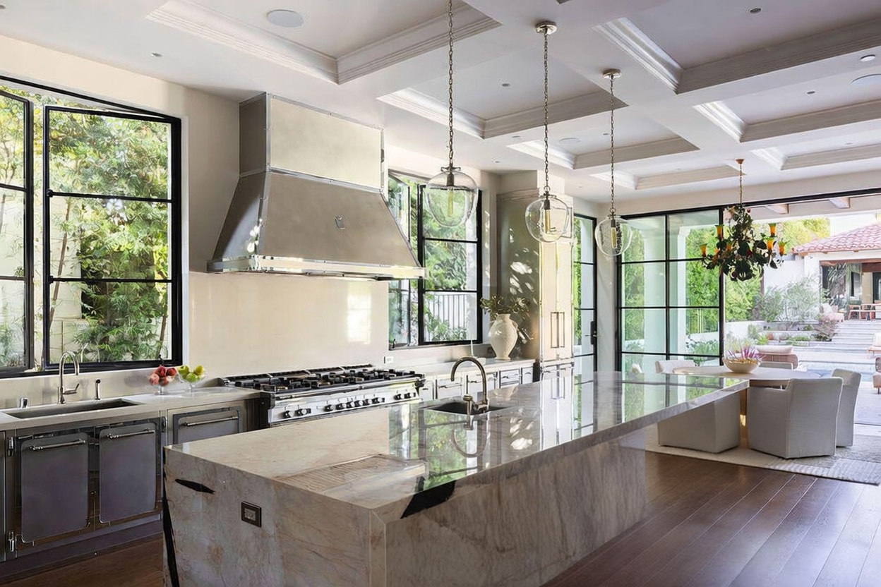 This sophisticated, high-end kitchen features a massive stone-topped island with five green upholstered stools, serving as the central focal point. A professional-grade stainless steel range and a large custom metal hood are set against a neutral backsplash, while large windows and glass doors provide abundant natural light and views of the outdoor patio. The space is defined by its clean lines, coffered ceiling, and a seamless transition to the adjacent dining area, creating an open and airy atmosphere.