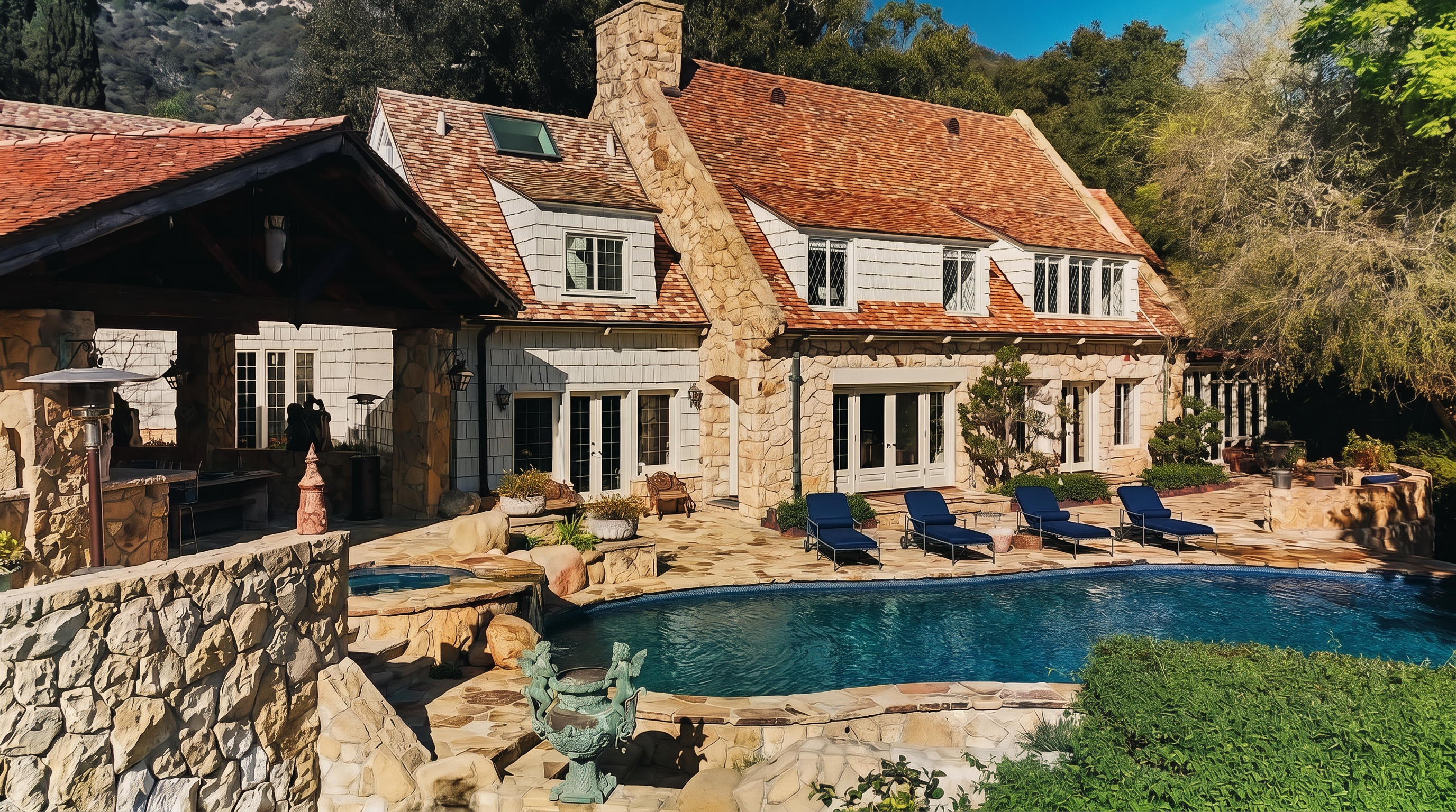 This stunning rear exterior view showcases a charming stone-clad estate with a rustic, European-inspired architectural style. The property features a sprawling flagstone patio, a custom-shaped swimming pool with an integrated spa, and a covered outdoor living area perfect for entertaining. Surrounded by lush greenery and mature trees, the home exudes a sense of luxury, privacy, and timeless elegance.