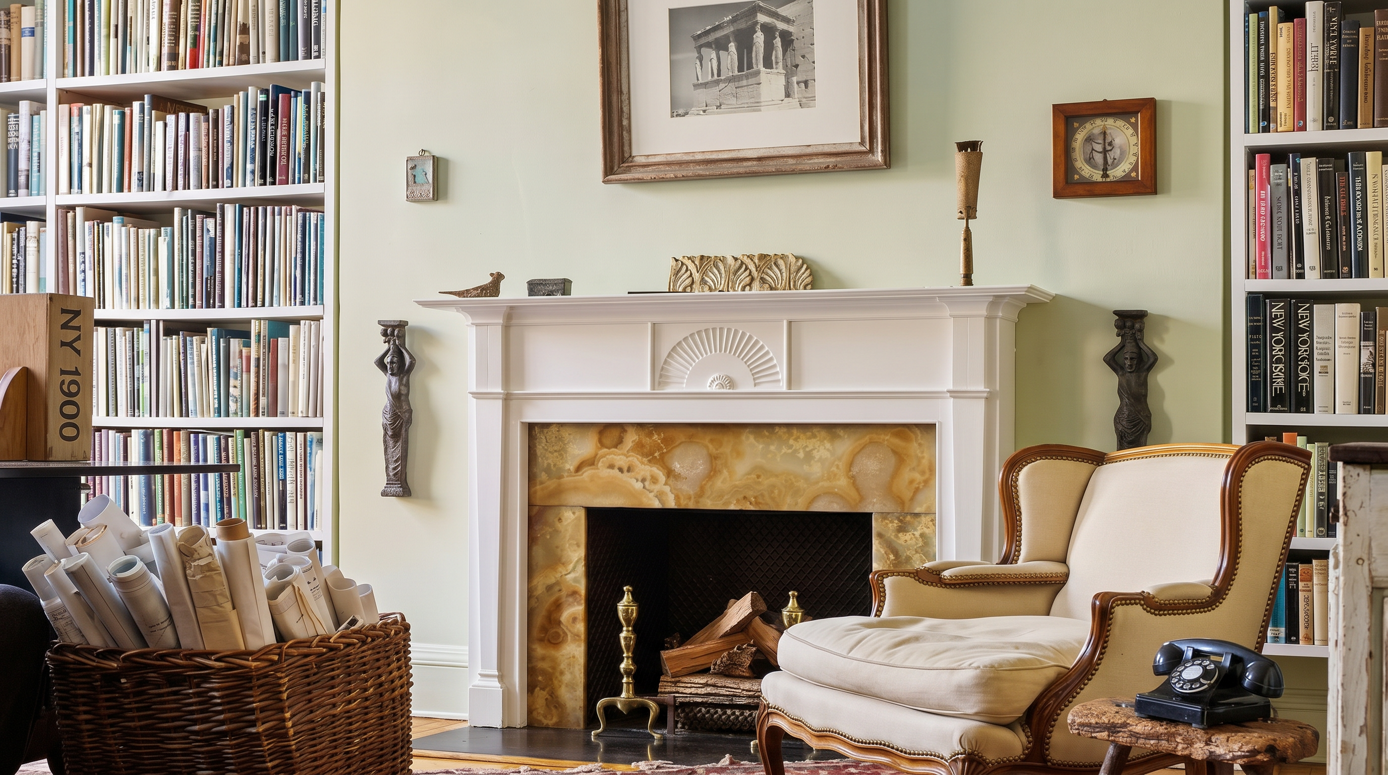 This cozy and eclectic living room features a prominent fireplace with a unique stone surround, flanked by built-in bookshelves filled with books. A comfortable cream-colored armchair sits on a vibrant, patterned area rug, while a large paper lantern provides soft, ambient lighting. The space exudes a warm, scholarly atmosphere with its sage green walls and curated decorative accents.