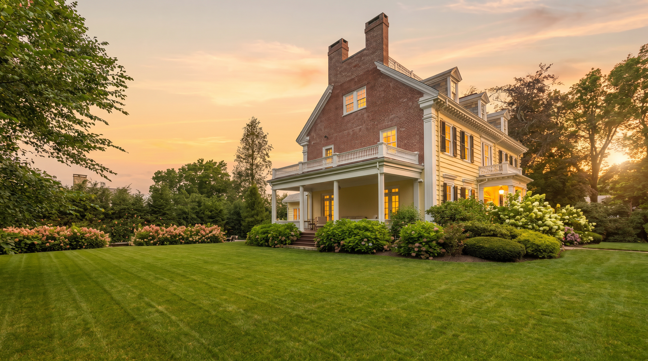 This image captures the rear exterior of a stately, multi-story brick and yellow-sided home, showcasing a classic architectural style with a covered porch and a second-story balcony. A meticulously manicured, expansive green lawn stretches out in the foreground, bordered by lush, blooming hydrangea bushes and mature trees. The perspective is from the yard, looking toward the house, emphasizing the peaceful and well-maintained outdoor living space.