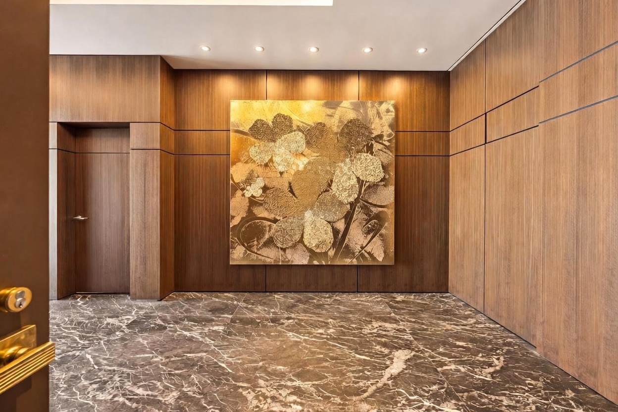 This elegant entryway features dark, polished stone flooring with intricate veining that reflects the warm recessed lighting above. The walls are paneled in rich, dark wood, creating a sophisticated and cohesive aesthetic. A large, textured gold-toned artwork serves as a dramatic focal point on the central wall, enhancing the luxurious atmosphere of the space.