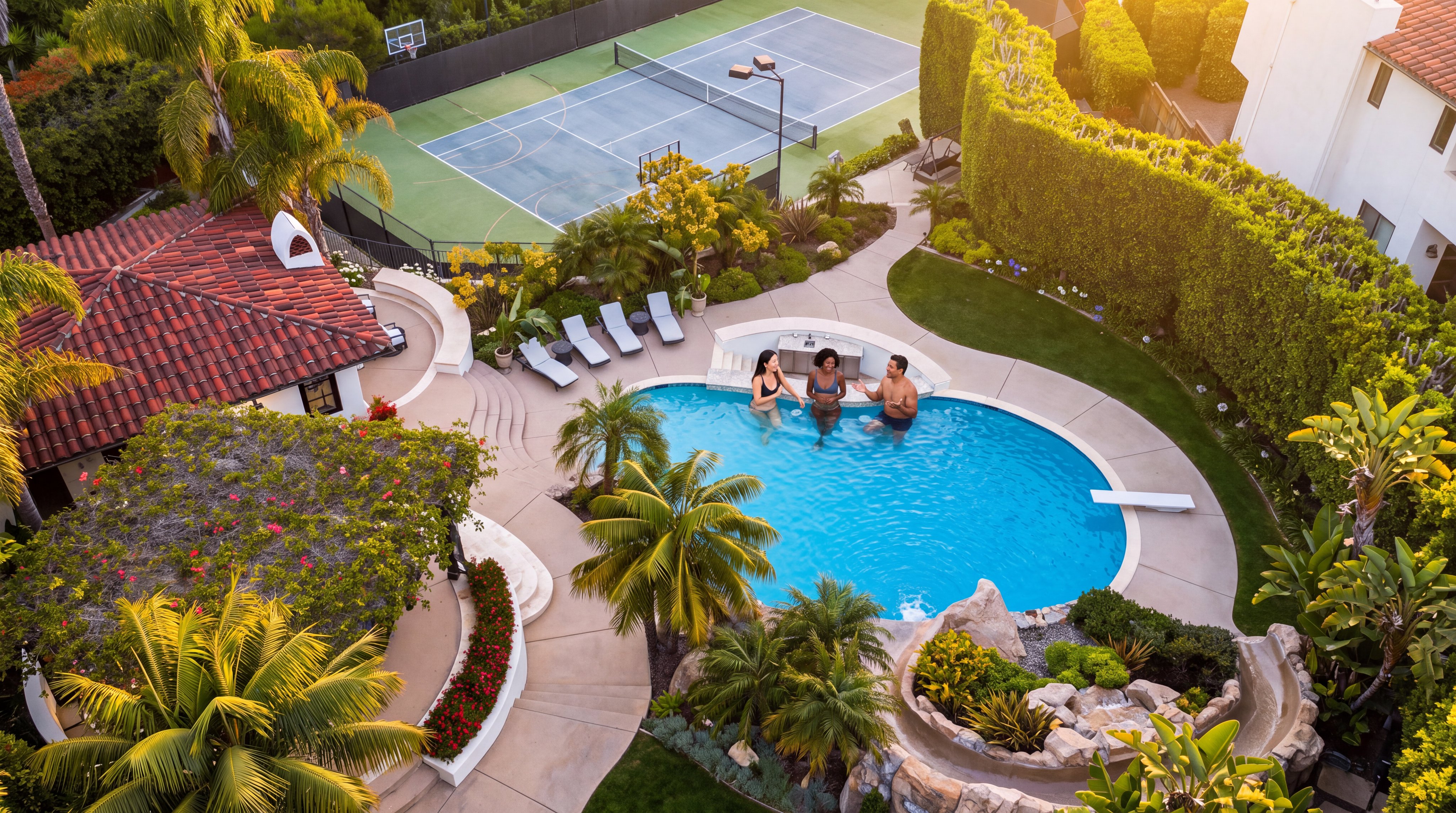This stunning aerial view highlights a luxury backyard oasis, complete with a resort-style swimming pool, a waterslide, and a private tennis court. The landscaped property features lush tropical greenery, expansive concrete patio areas for lounging, and a charming structure with a classic terra cotta tile roof. Ideal for entertaining, the space offers an integrated swim-up bar and multiple seating areas, evoking the atmosphere of a private, high-end estate.