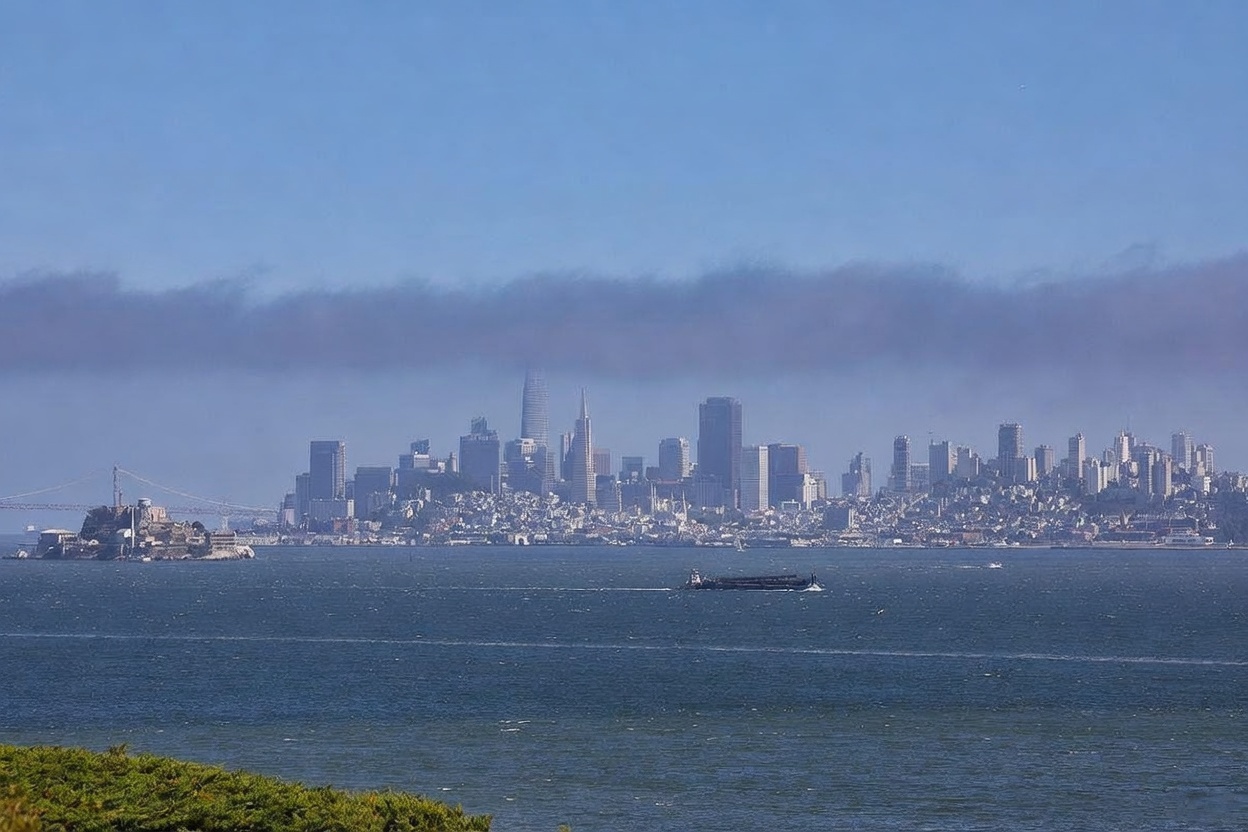 This wide-angle landscape shot captures a panoramic view of the San Francisco skyline across the bay, featuring iconic landmarks like Alcatraz Island in the foreground. The scene is set under a clear blue sky with a distinct band of low-hanging clouds hovering over the city buildings. The perspective is taken from a distance, emphasizing the expansive water and the prominent urban silhouette.