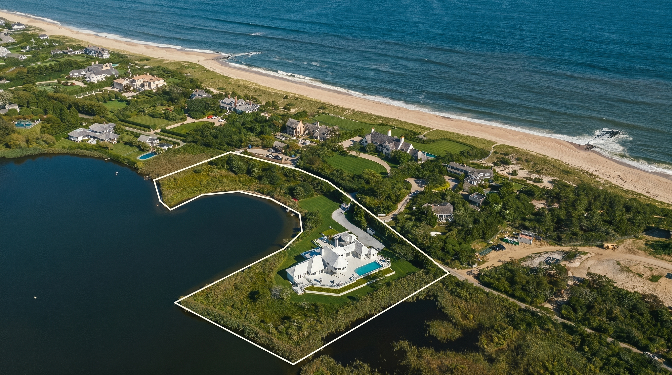 This high-angle aerial view captures a modern, white-clad residence situated on a private peninsula extending into a calm lake, with the Atlantic Ocean and sandy coastline visible in the background. The property features a rectangular swimming pool, expansive paved patio areas, and lush green landscaping, all highlighted by a white boundary outline. The surrounding neighborhood consists of upscale coastal homes nestled among mature trees, emphasizing the property's secluded and prestigious waterfront location.