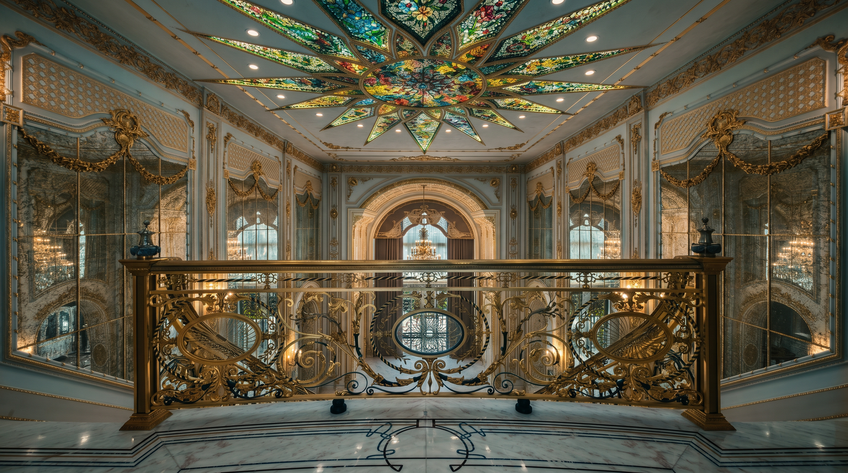 This opulent interior space features a grand staircase landing adorned with intricate gold-leaf railings and ornate metalwork. The ceiling is a stunning architectural centerpiece, showcasing a vibrant, star-shaped stained-glass installation surrounded by recessed lighting. The walls are lined with expansive, decorative mirrors framed in gold, creating a sense of immense scale and luxurious, classical elegance.
