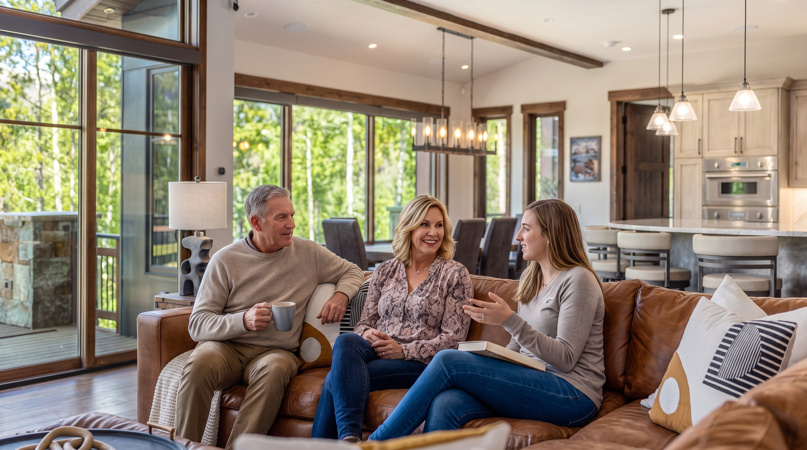 This spacious open-concept living area features a large leather sectional sofa, a matching ottoman, and a cowhide rug, all set under a vaulted ceiling with exposed wooden beams. Large windows provide expansive views of the surrounding forest and mountains, while the adjacent kitchen area includes a stone-topped island with bar seating. The room blends rustic mountain charm with modern comfort, creating an inviting and airy atmosphere.