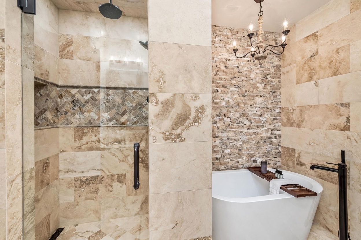 This luxurious primary bathroom features a walk-in shower with a glass door and a decorative stone tile accent band, adjacent to a freestanding soaking tub. The space is accented by a rustic-style chandelier and a textured stone wall behind the tub, creating a spa-like atmosphere. A wooden bath tray rests across the tub, and a dark metal faucet stands nearby, emphasizing the high-end, earthy aesthetic.