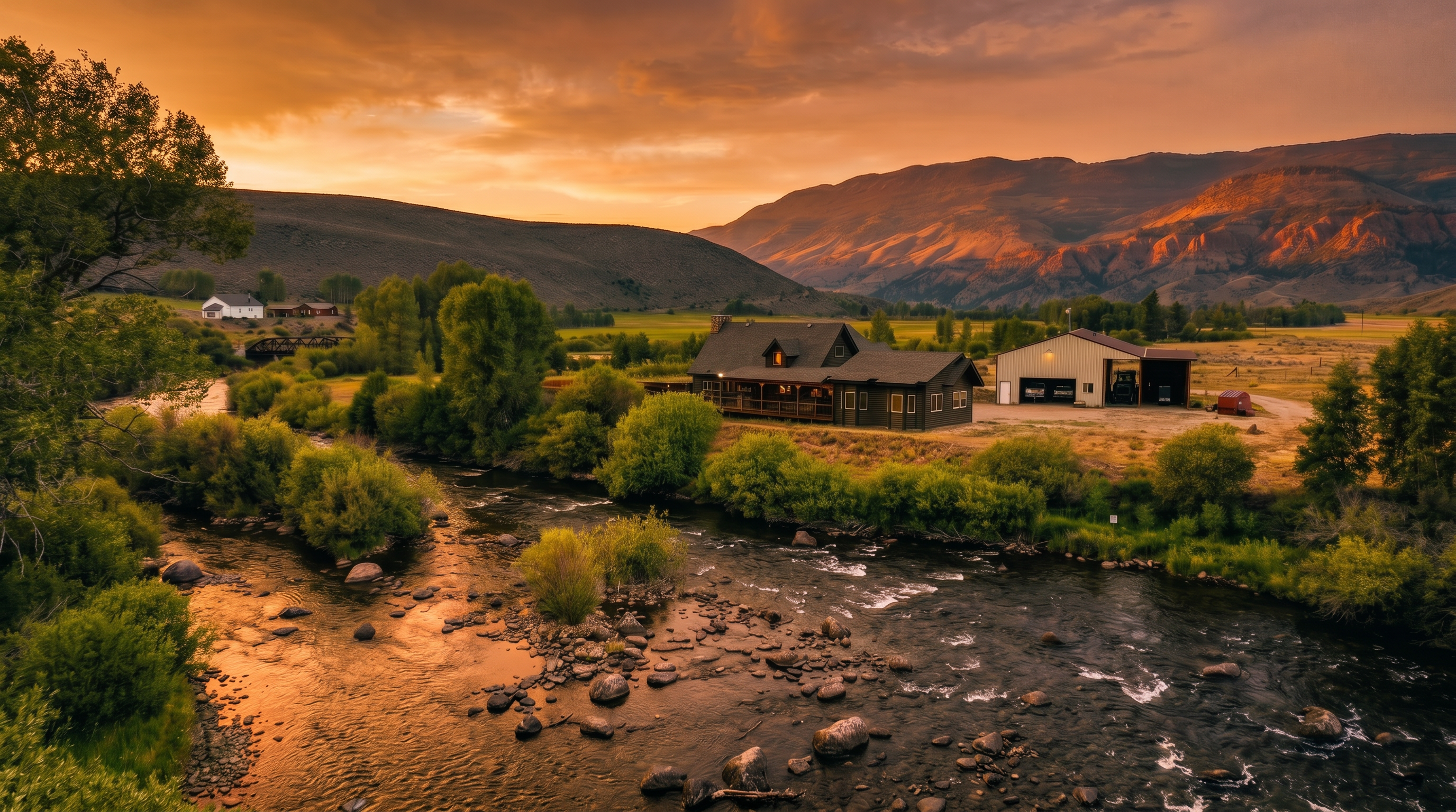 This elevated, wide-angle shot captures a rustic, dark-wood cabin nestled along the banks of a shallow, rocky river. The property includes a large detached garage structure and expansive surrounding land, set against a backdrop of rolling hills and distant mountains under a clear blue sky. The perspective emphasizes the serene, secluded nature of the location and its integration with the natural landscape.