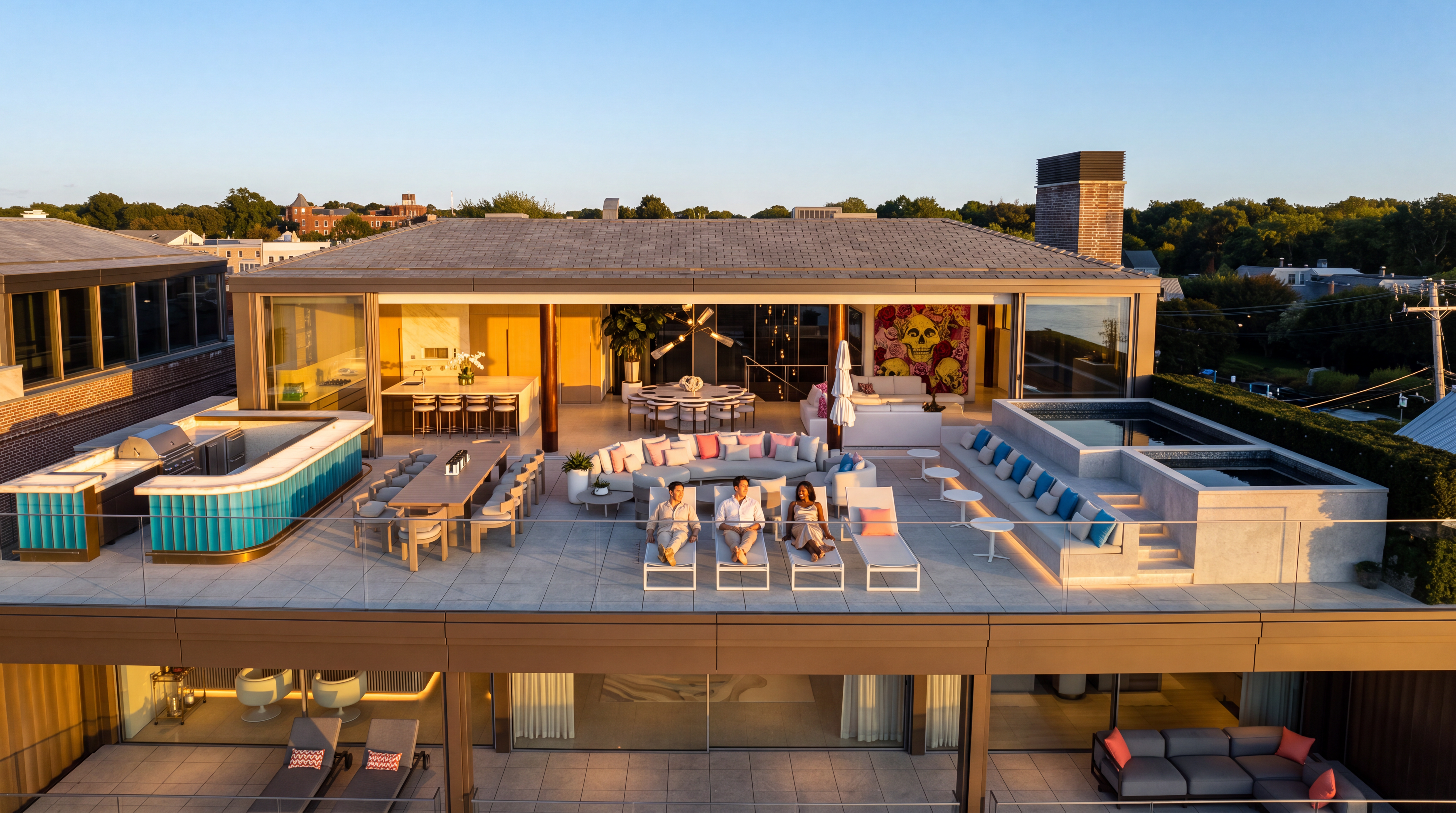 This stunning luxury rooftop terrace features an expansive open-air layout complete with a modern outdoor kitchen, a sleek bar, and a dining area. The space is anchored by a lounge section, sun loungers, and a built-in pool, offering a high-end entertaining environment with panoramic city views. Its sophisticated design, contemporary aesthetics, and seamless integration of indoor-outdoor living make it an exceptional highlight of the property's exterior.