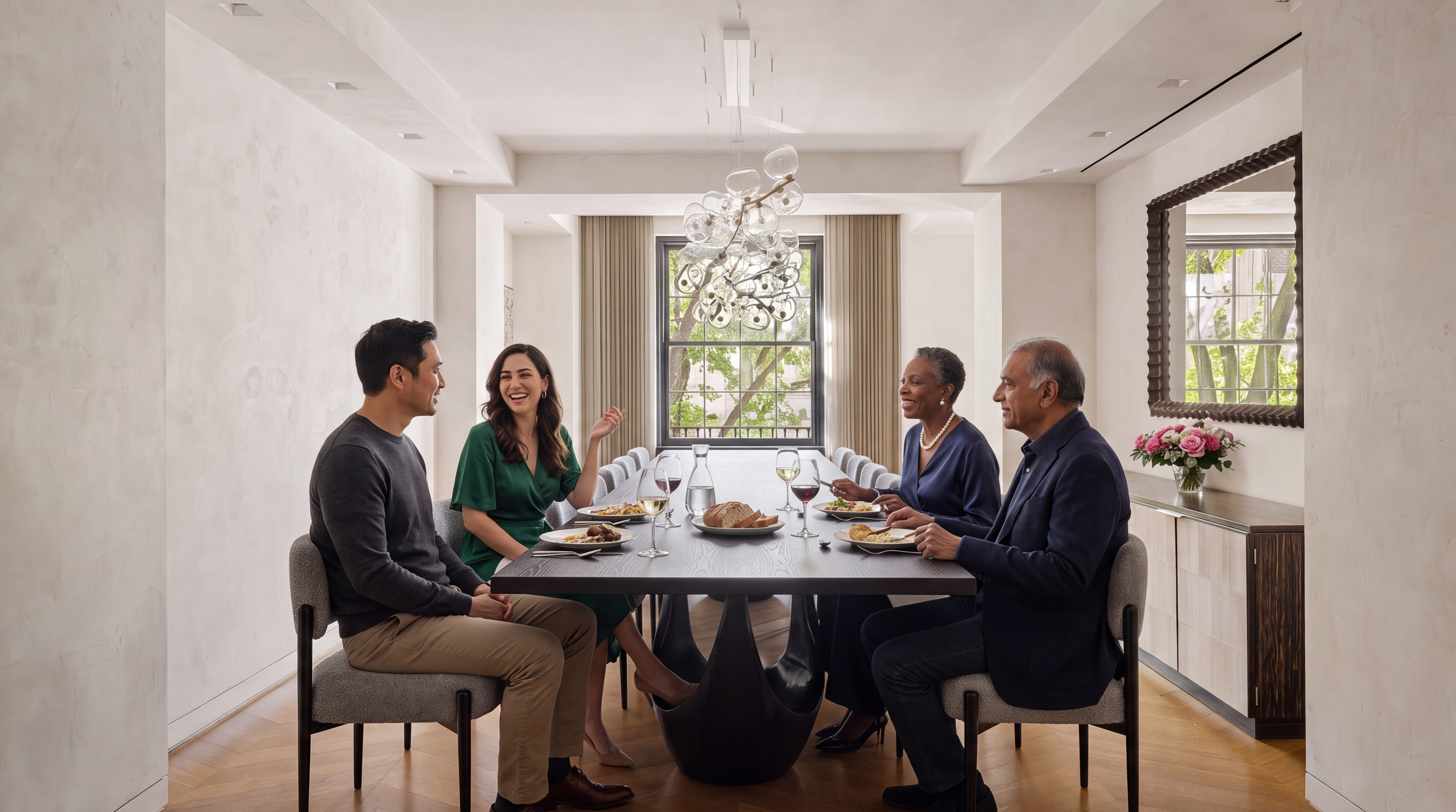 This sophisticated dining room features a long, modern black table with a sculptural base, surrounded by high-end upholstered chairs. A dramatic contemporary chandelier serves as the focal point above the table, while a large window with greenery views offers natural light and a mirror adds a touch of elegance to the wall. The space has a refined, polished aesthetic, perfect for entertaining in a high-end residential setting.