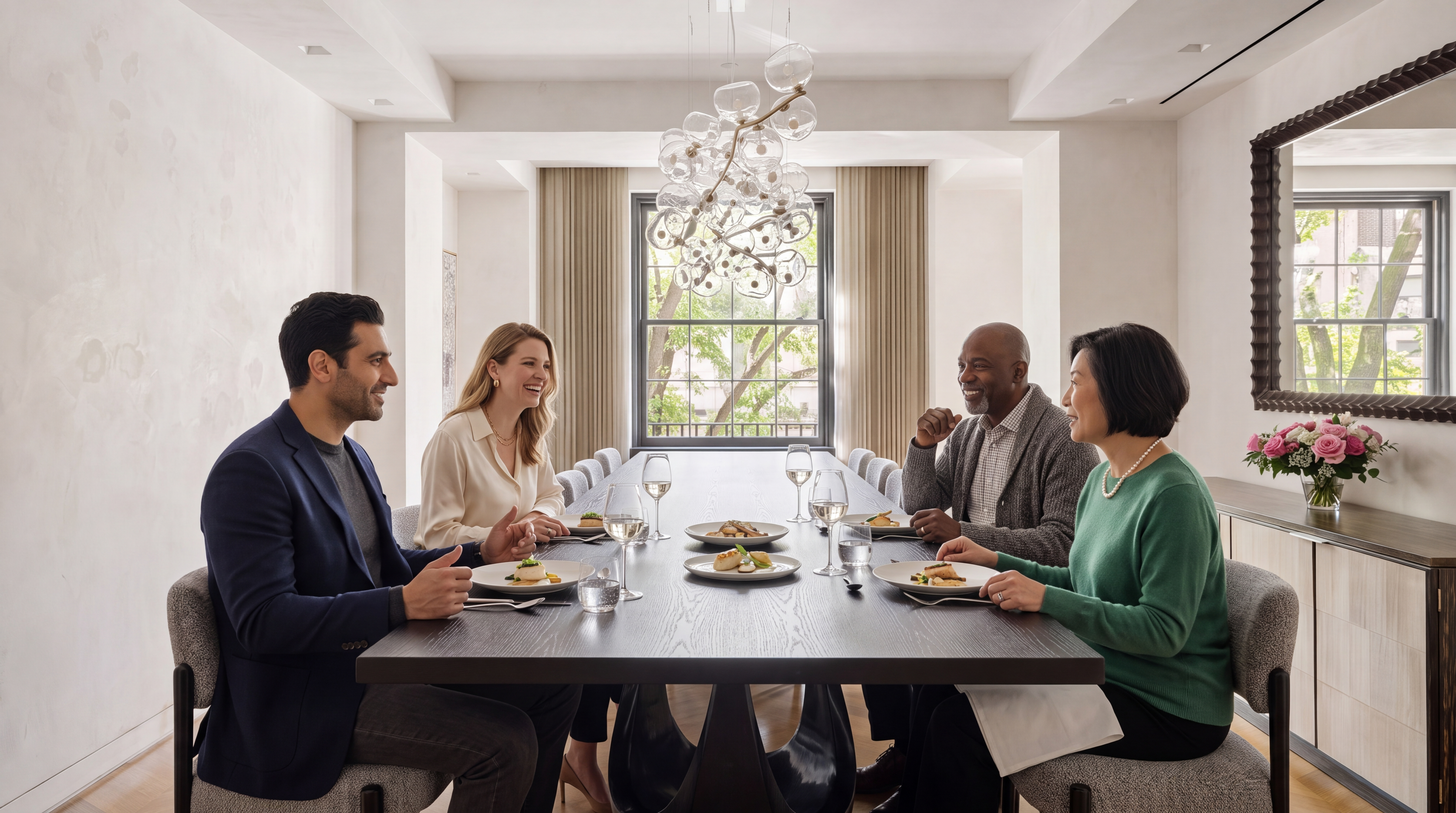 This sophisticated dining room features a long, dark wood dining table set for four, punctuated by a striking, modern bubble-glass chandelier that serves as a focal point. Large windows draped in neutral floor-to-ceiling curtains allow ample natural light to fill the room, while a stylish mirrored sideboard displays a beautiful floral arrangement. The space is finished in an elegant, minimalist aesthetic with soft, neutral walls, perfect for upscale entertaining.