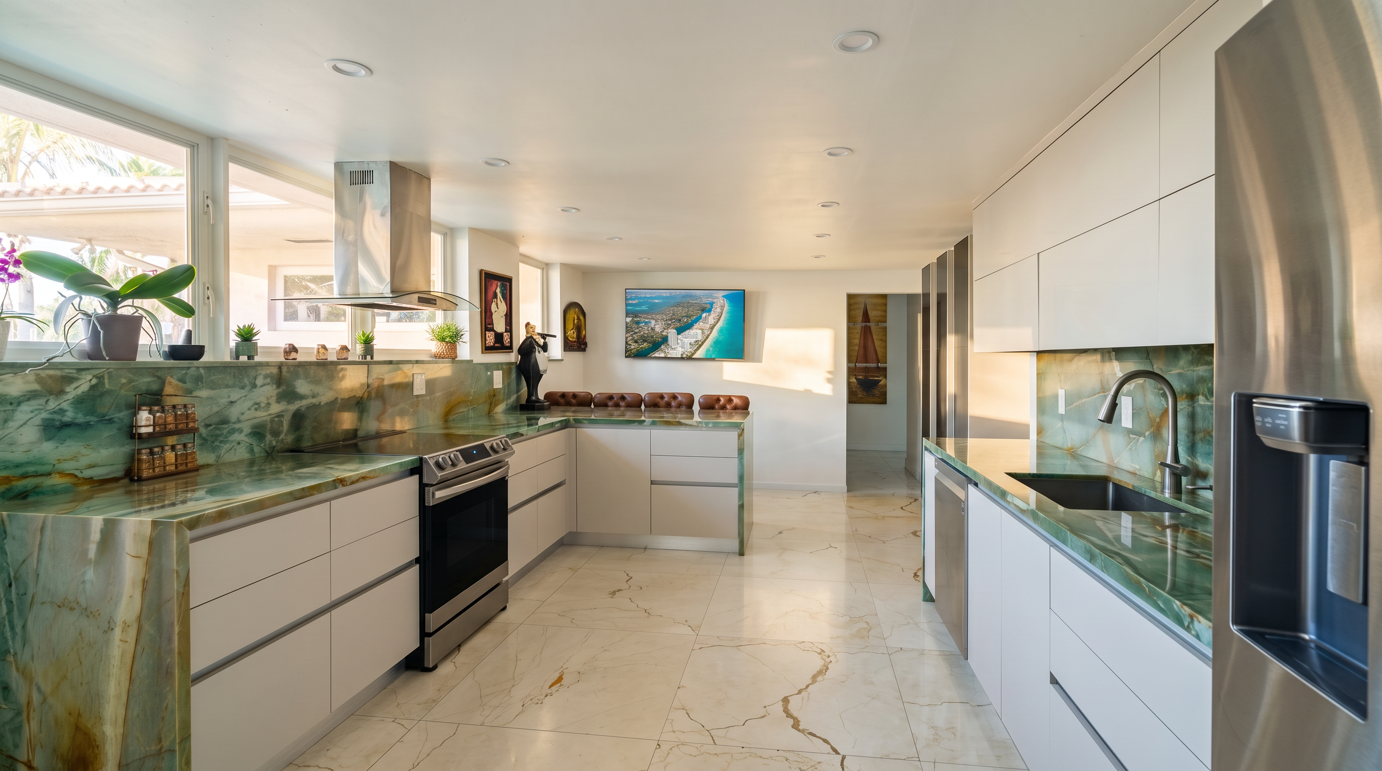 This modern kitchen features sleek, flat-panel white cabinetry paired with striking green stone countertops and a matching backsplash. The space is equipped with stainless steel appliances, including a range hood and a built-in refrigerator, while light-colored, large-format floor tiles create a bright and open atmosphere. The perspective is a wide-angle shot from the kitchen entrance, showcasing the clean lines and contemporary aesthetic of the culinary space.