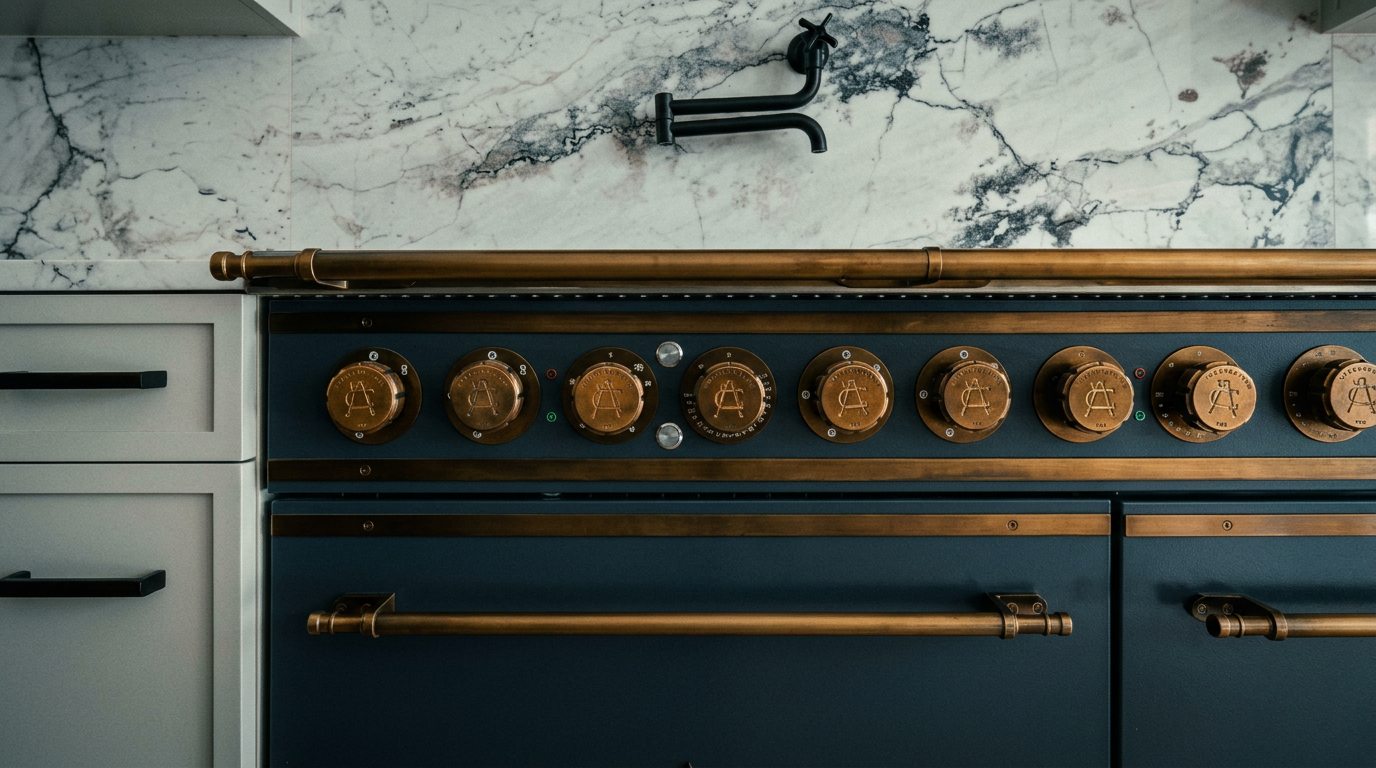 This image showcases a high-end, professional-grade range in a deep navy blue finish, accented with elegant brass hardware and a prominent fleur-de-lis emblem. Above the range, a sleek, matte black pot filler is mounted against a luxurious white marble backsplash with dramatic grey veining. The composition highlights the sophisticated, artisanal craftsmanship of the kitchen's focal point, emphasizing a blend of classic European style and modern luxury.